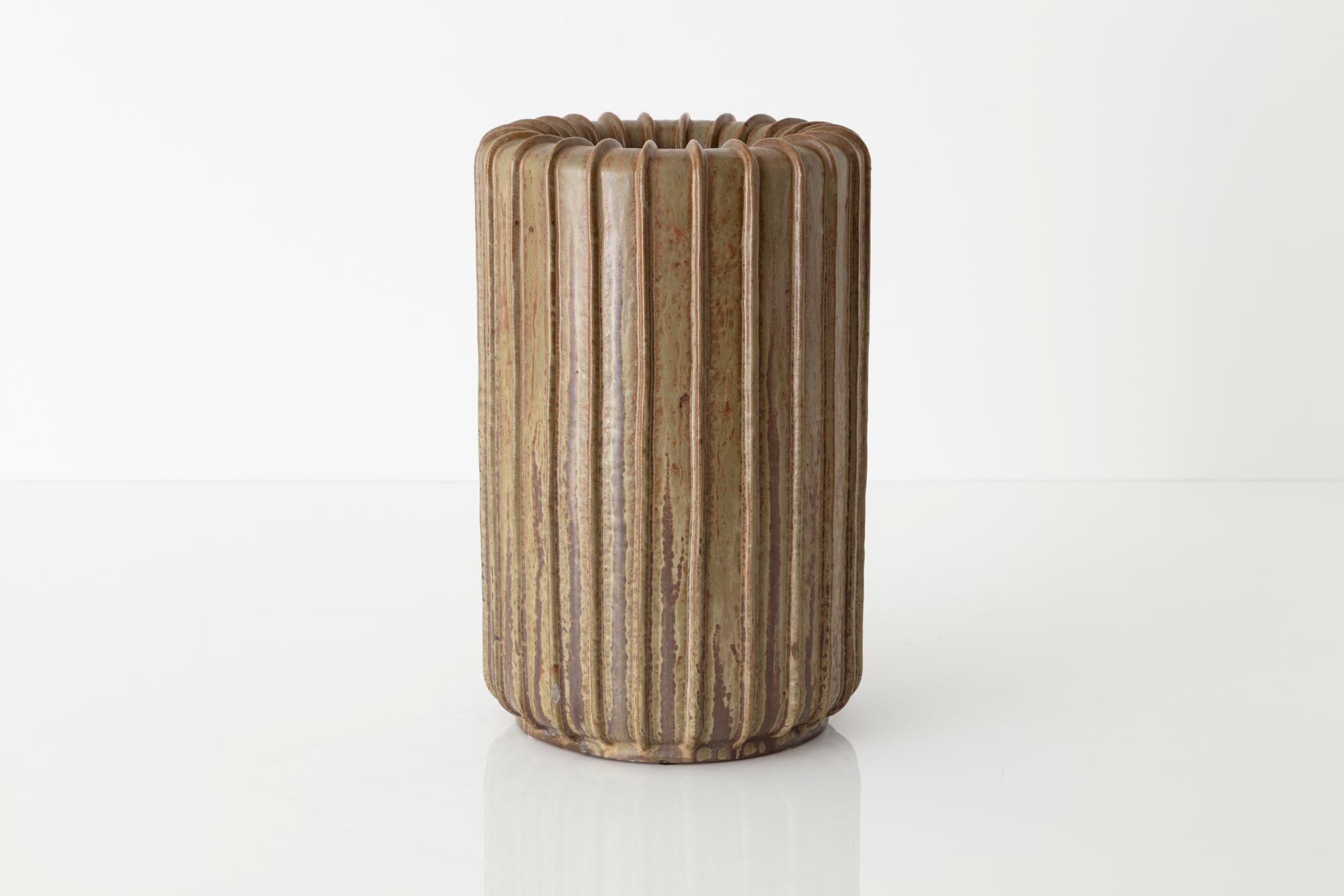 Danish Tall Ribbed Stoneware Vase by Arne Bang For Sale
