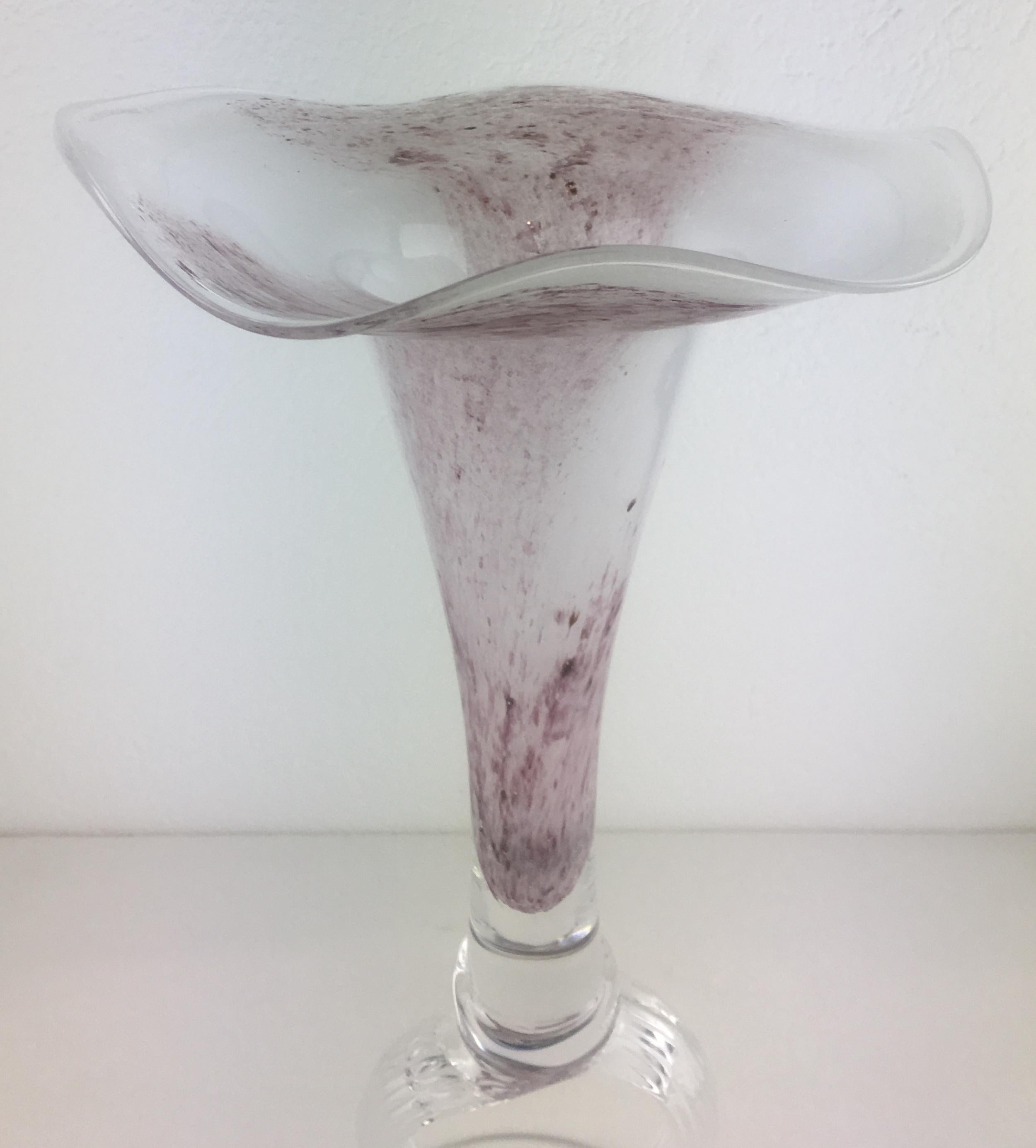 A very decorative centerpiece or Epergne (pronounced E-purn) handcrafted in Biot, France. Beautiful and not often found in this striking rose and clear color, hand blown art glass with signature controlled bubble base created by master glass blowers