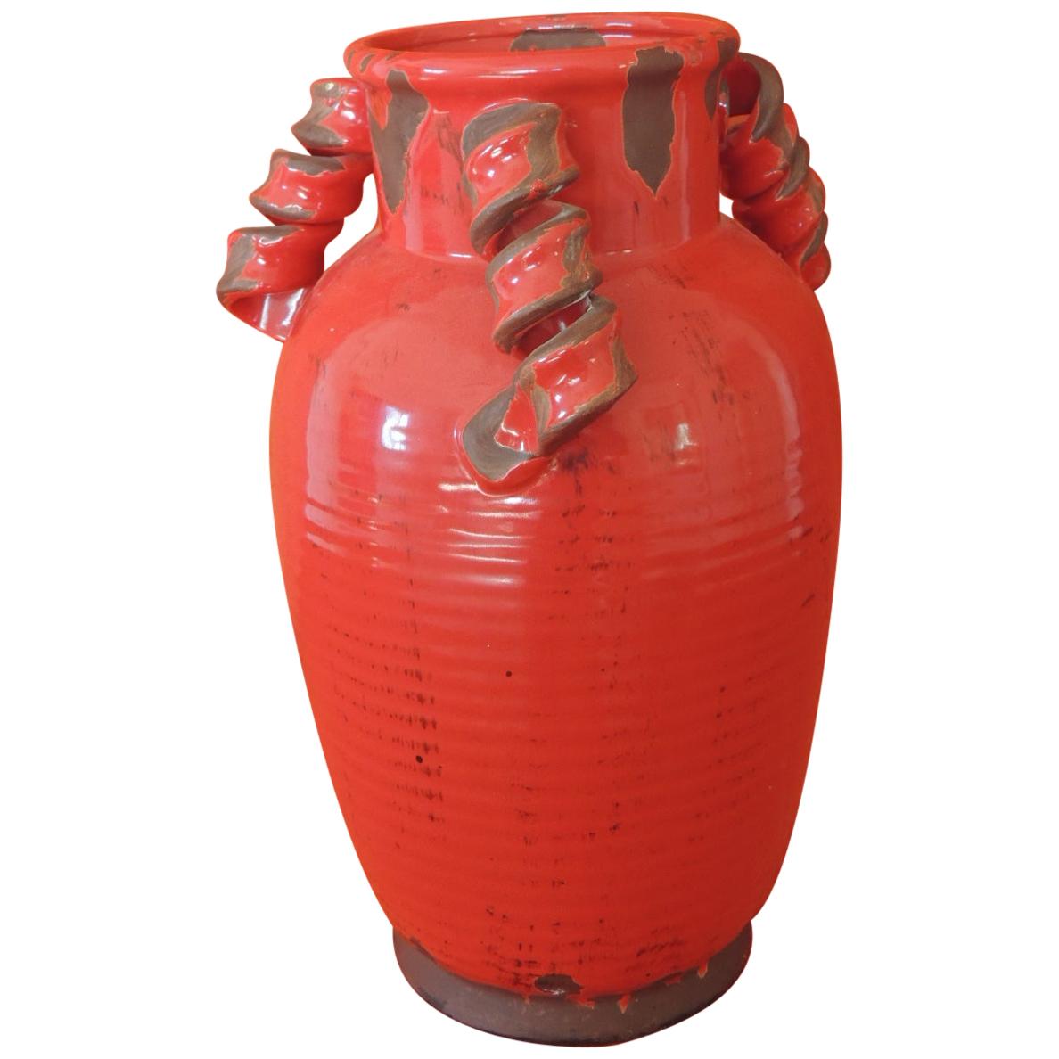 Tall Round Asian Glazed Red Vase/Urn with Twisted Handles