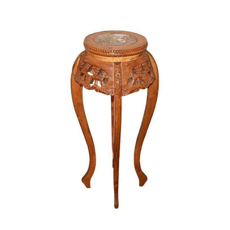 Tall Round Chinoiserie Pink Marble and Wood Carved Plant Stand or Side