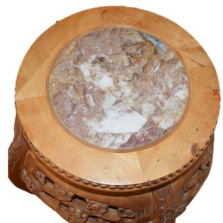 Tall Round Chinoiserie Pink Marble and Wood Carved Plant Stand or Side Table In Good Condition For Sale In Oklahoma City, OK
