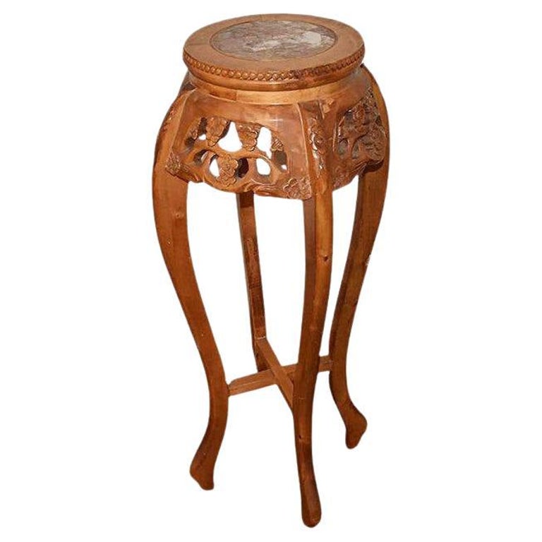Tall Round Chinoiserie Pink Marble and Wood Carved Plant Stand or Side  Table For Sale at 1stDibs
