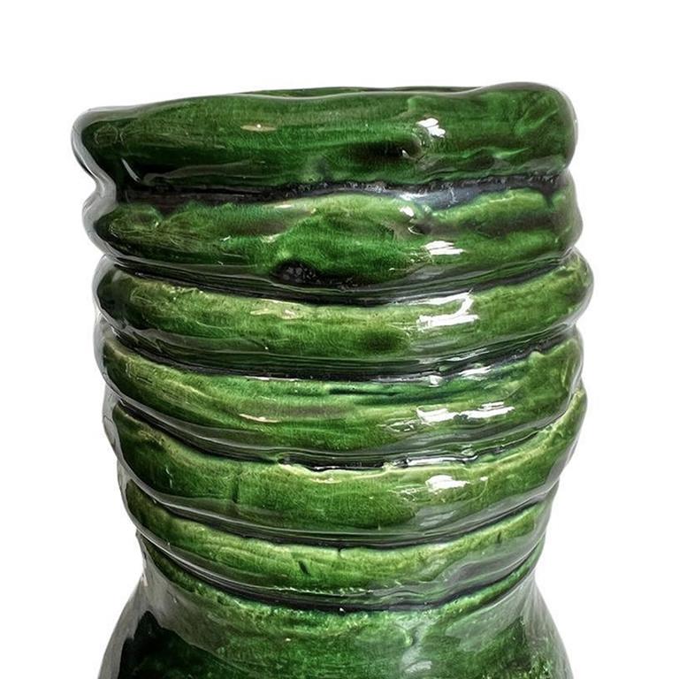 Mid-Century Modern Tall Round Mid Century Green Ceramic Outsider Studio Pottery Rope Vase For Sale