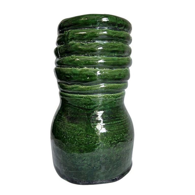 American Tall Round Mid Century Green Ceramic Outsider Studio Pottery Rope Vase For Sale