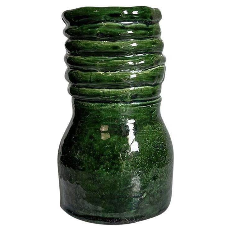 Tall Round Mid Century Green Ceramic Outsider Studio Pottery Rope Vase