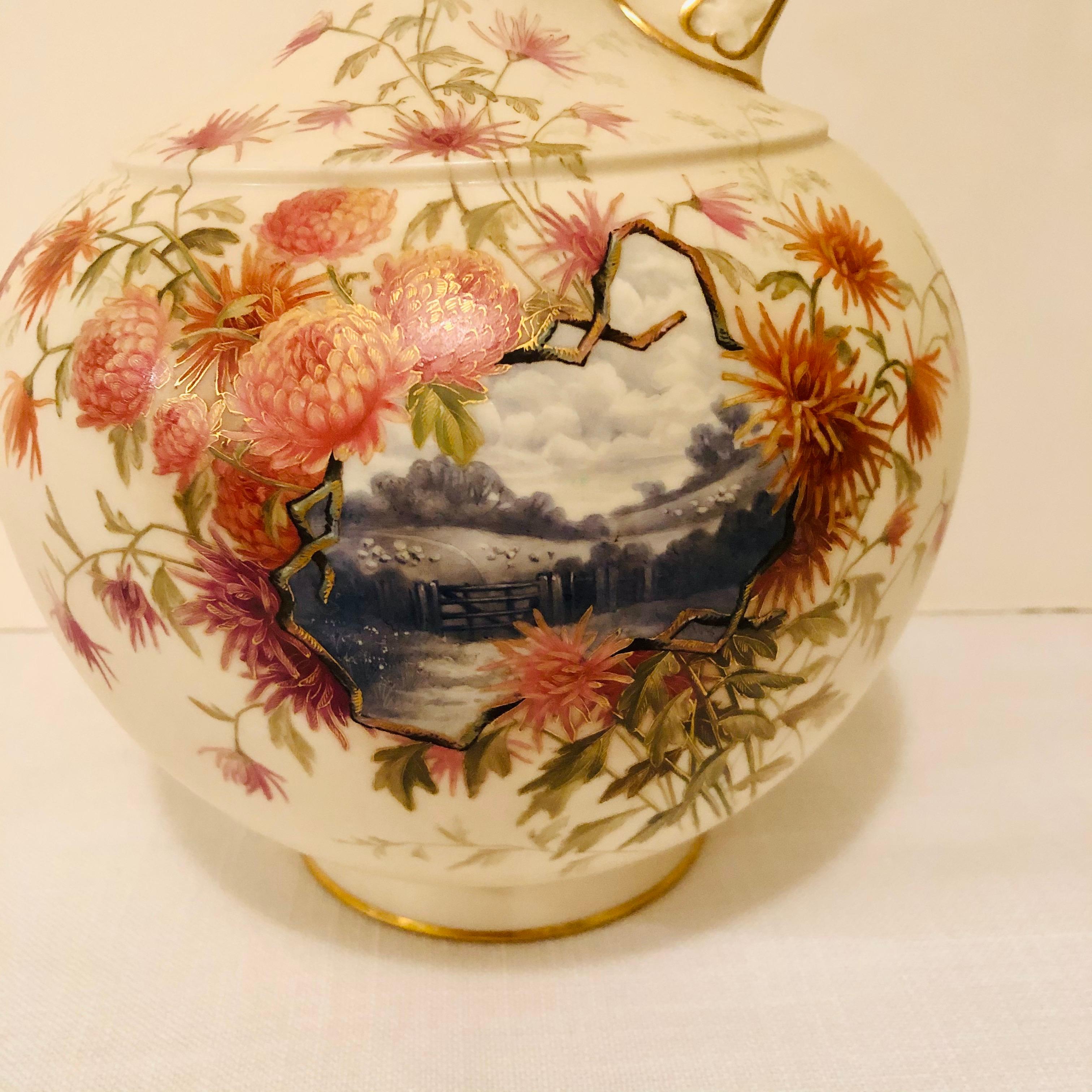 Victorian Tall Royal Worcester Ewer Painted with a Pastoral Scene Surrounded by Flowers For Sale