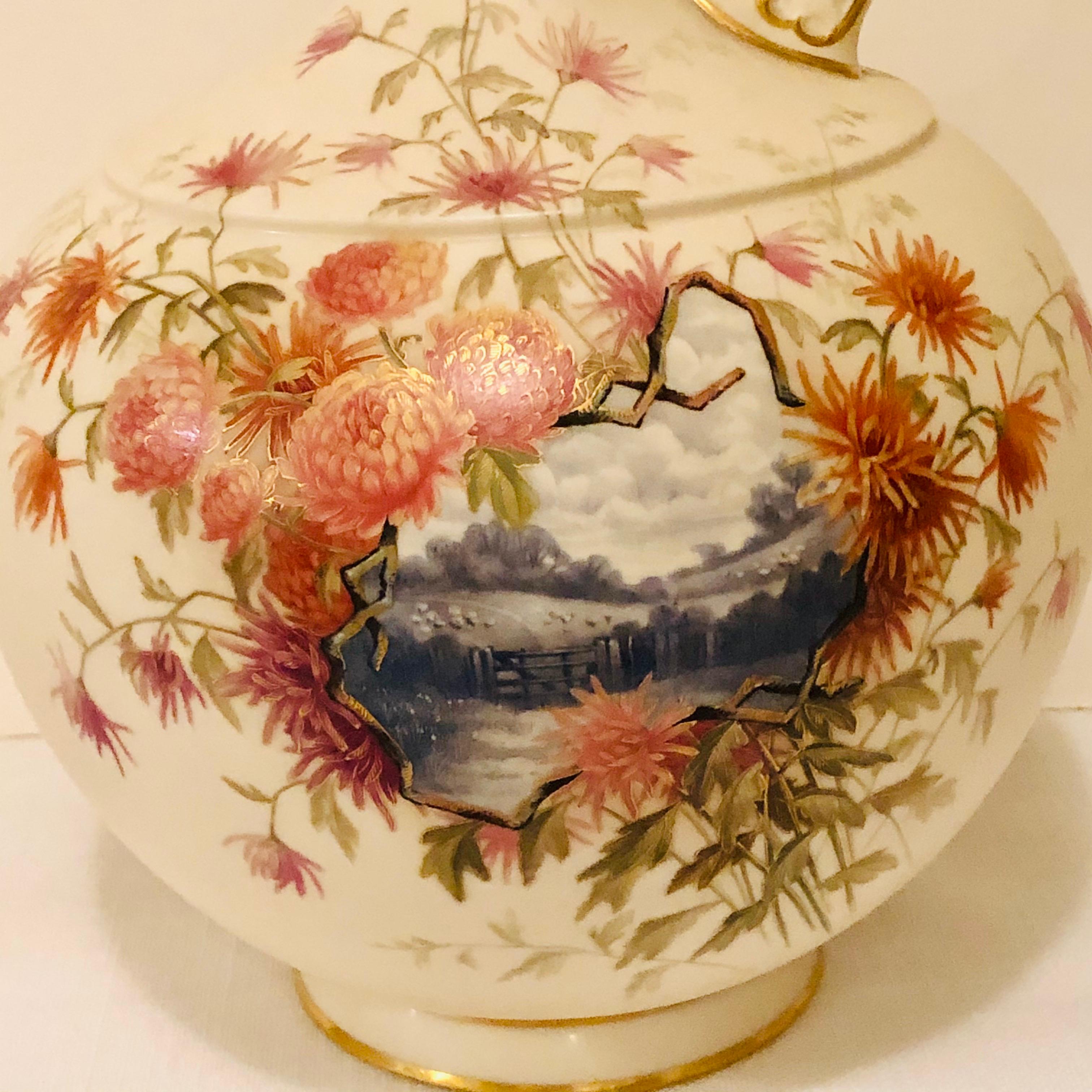 English Tall Royal Worcester Ewer Painted with a Pastoral Scene Surrounded by Flowers For Sale