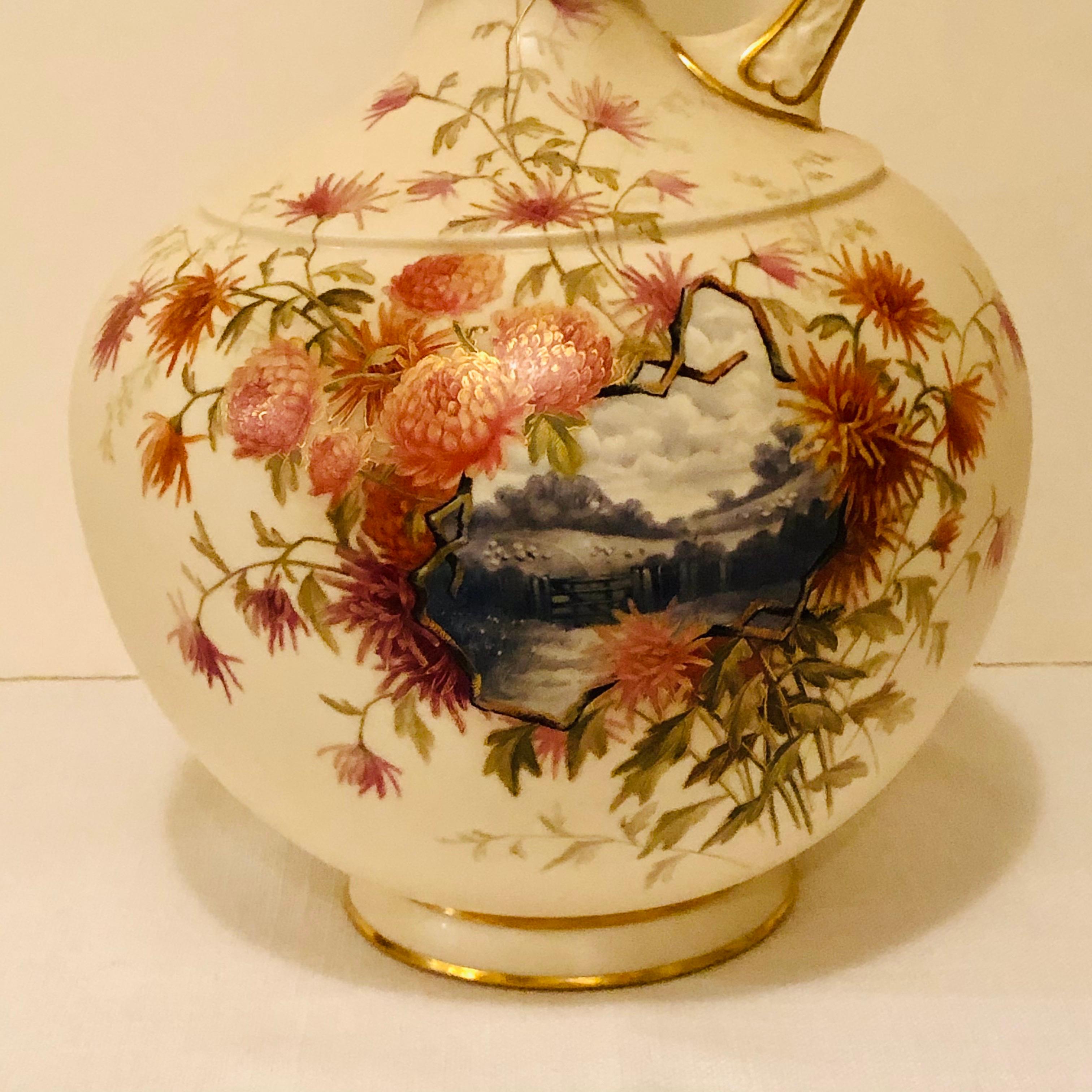Hand-Painted Tall Royal Worcester Ewer Painted with a Pastoral Scene Surrounded by Flowers For Sale