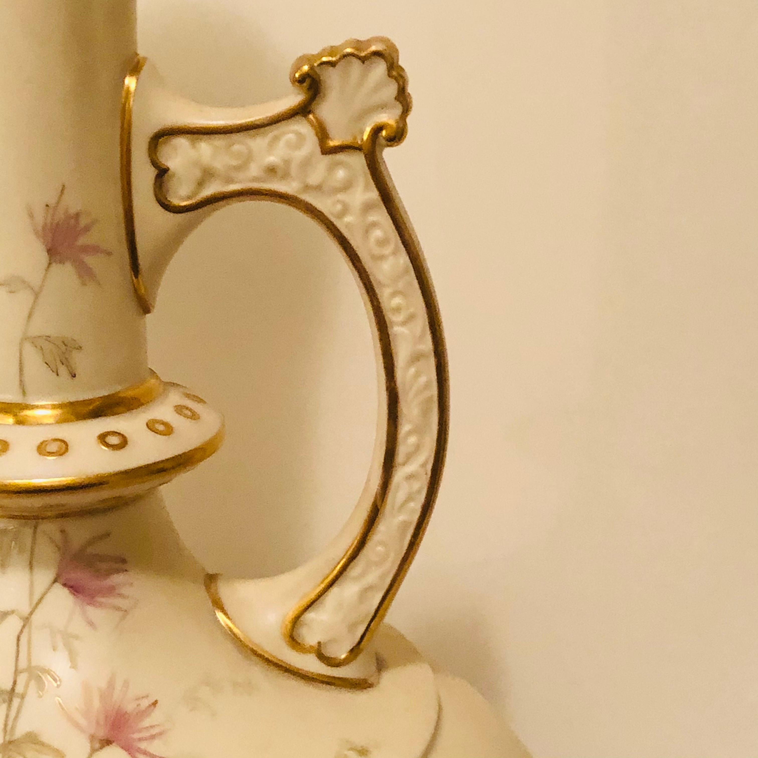 Tall Royal Worcester Ewer Painted with a Pastoral Scene Surrounded by Flowers In Good Condition For Sale In Boston, MA