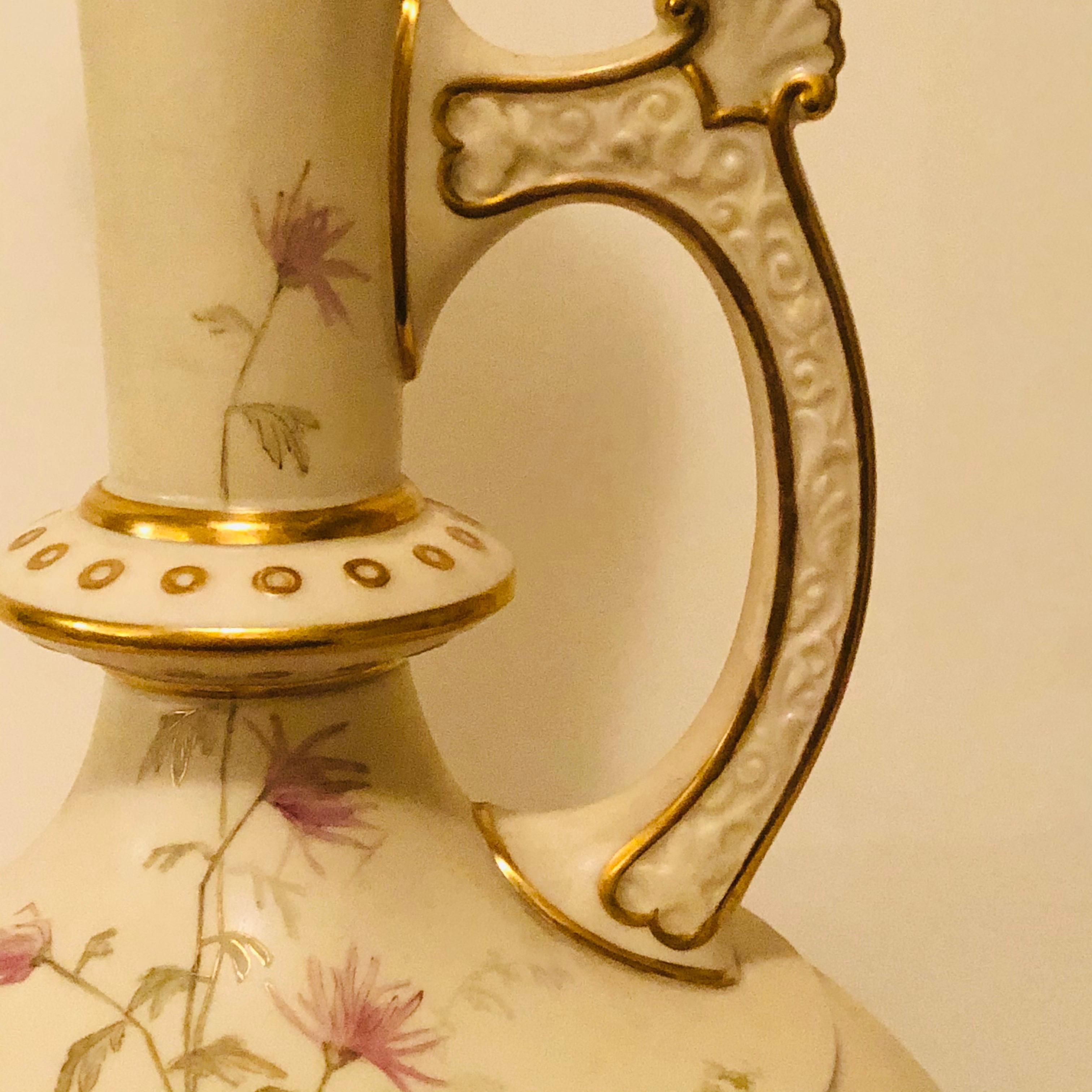 Porcelain Tall Royal Worcester Ewer Painted with a Pastoral Scene Surrounded by Flowers For Sale