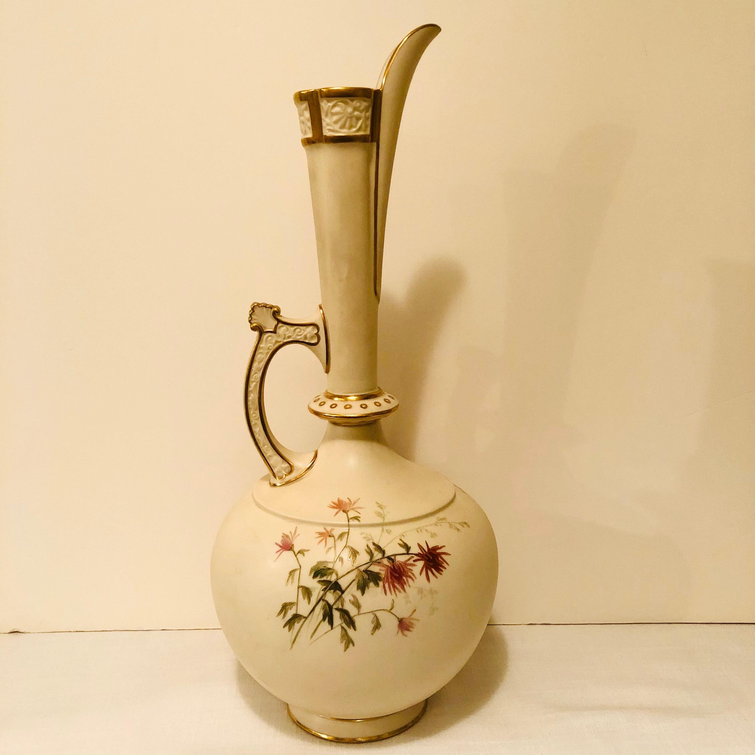 Tall Royal Worcester Ewer Painted with a Pastoral Scene Surrounded by Flowers For Sale 1