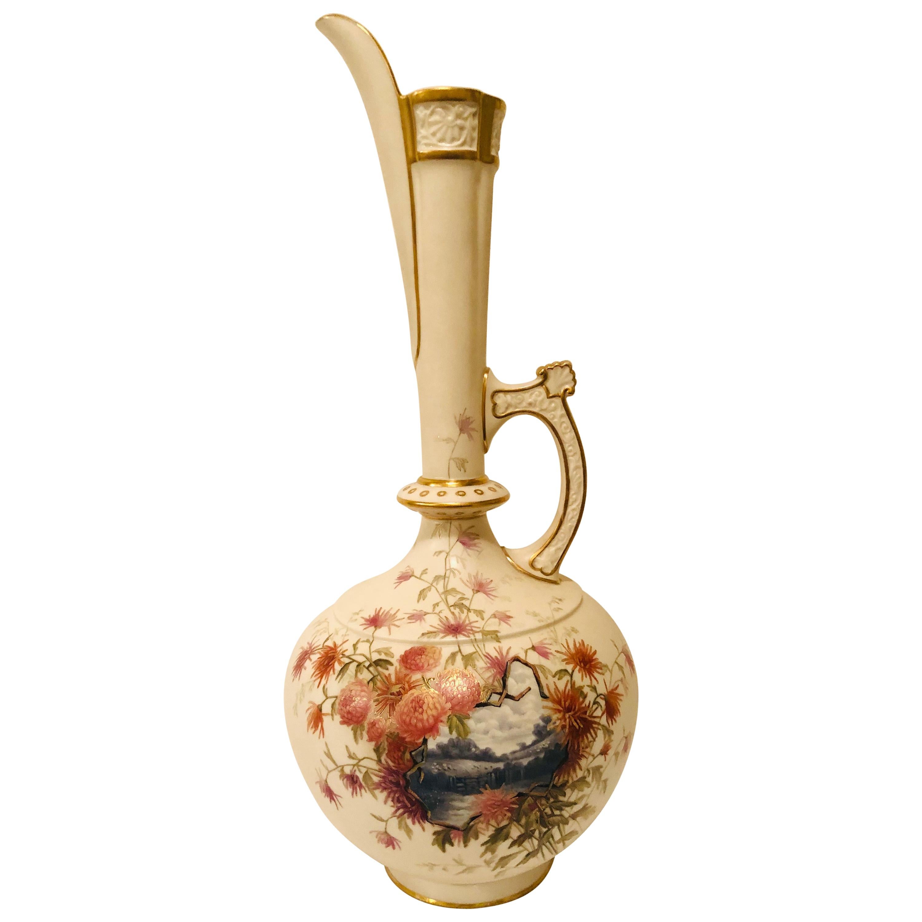 Tall Royal Worcester Ewer Painted with a Pastoral Scene Surrounded by Flowers For Sale