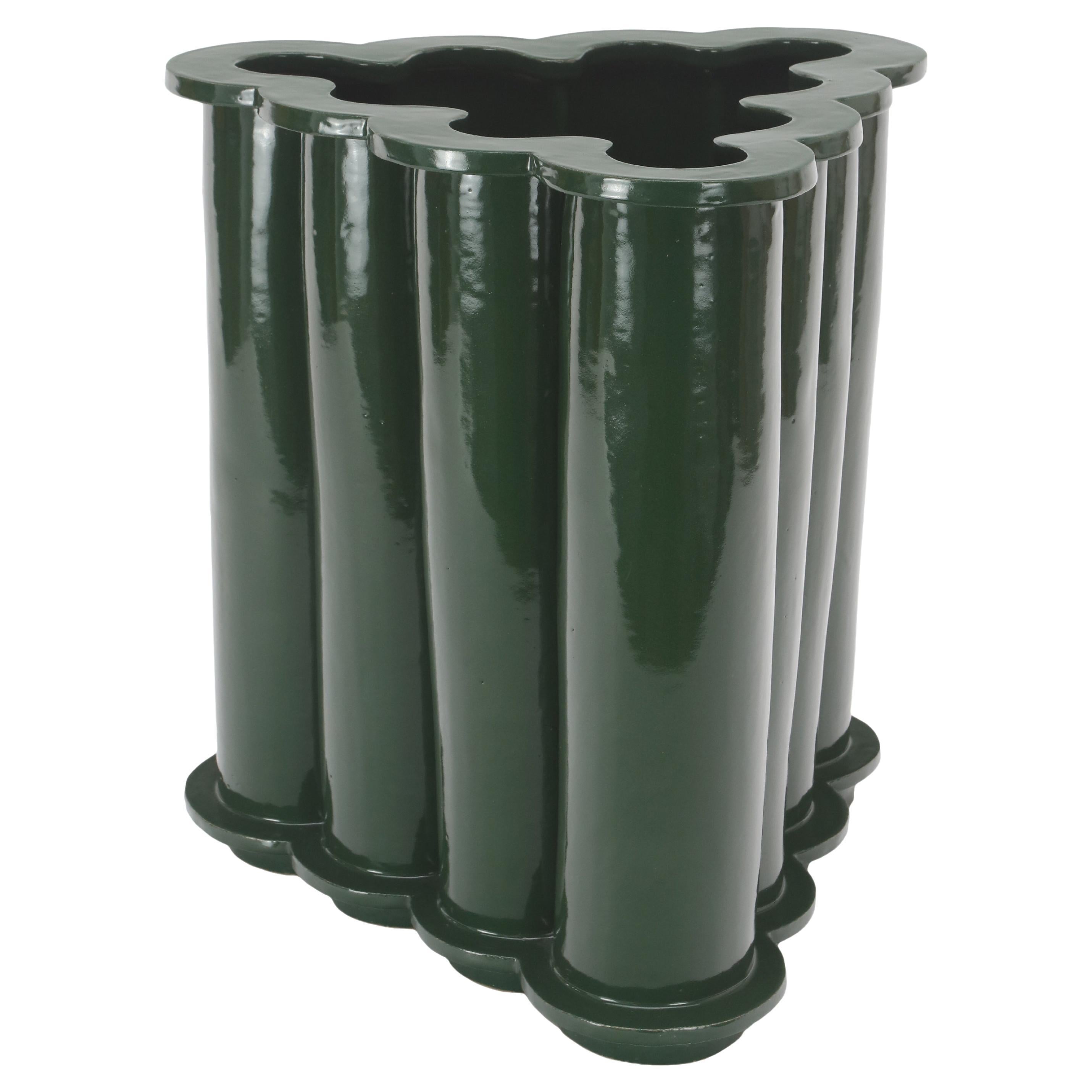 Tall Ruffle Ceramic Planter in Chrome Green by Bzippy For Sale