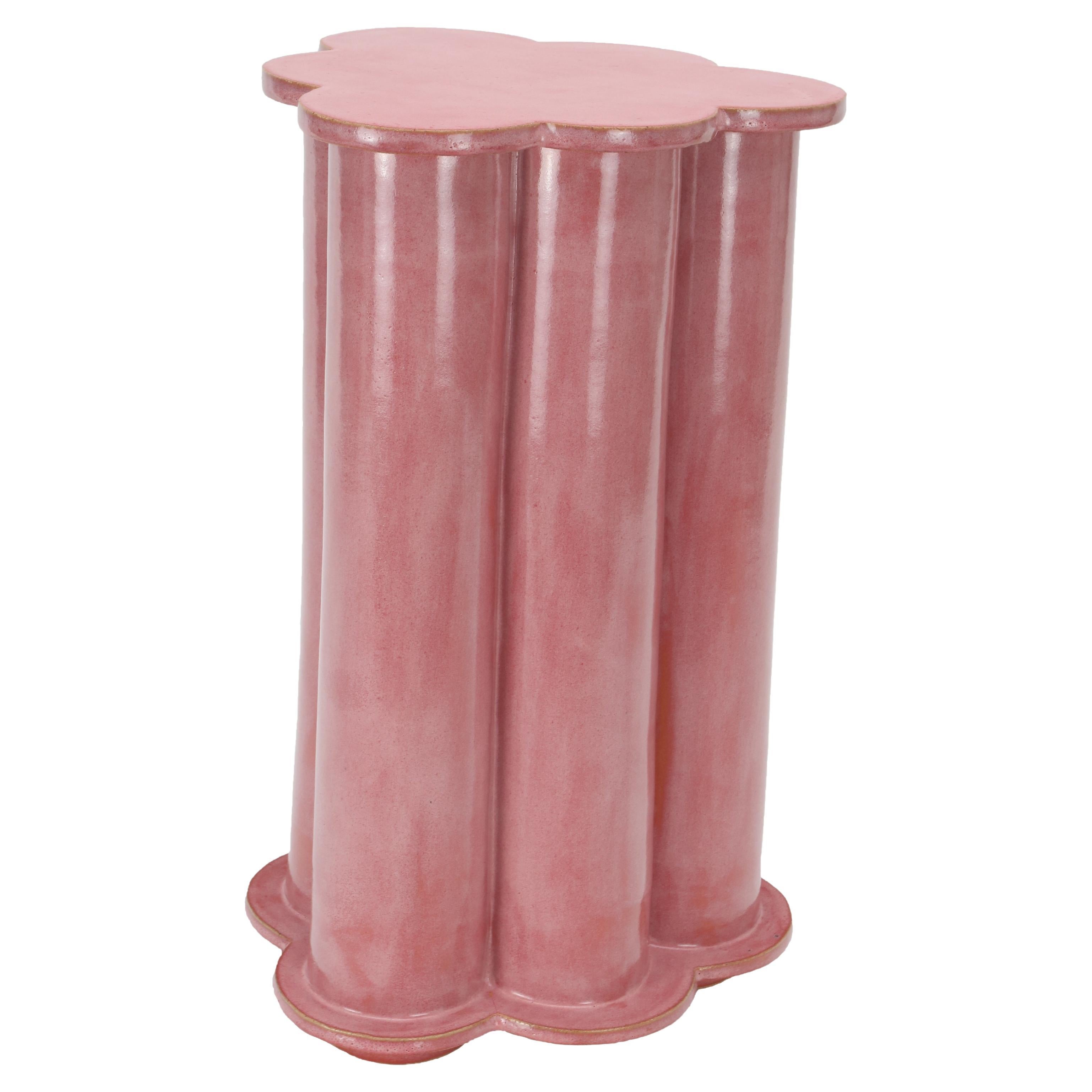 Tall Ruffle Ceramic Side Table & Stool in Sunset Pink by Bzippy For Sale