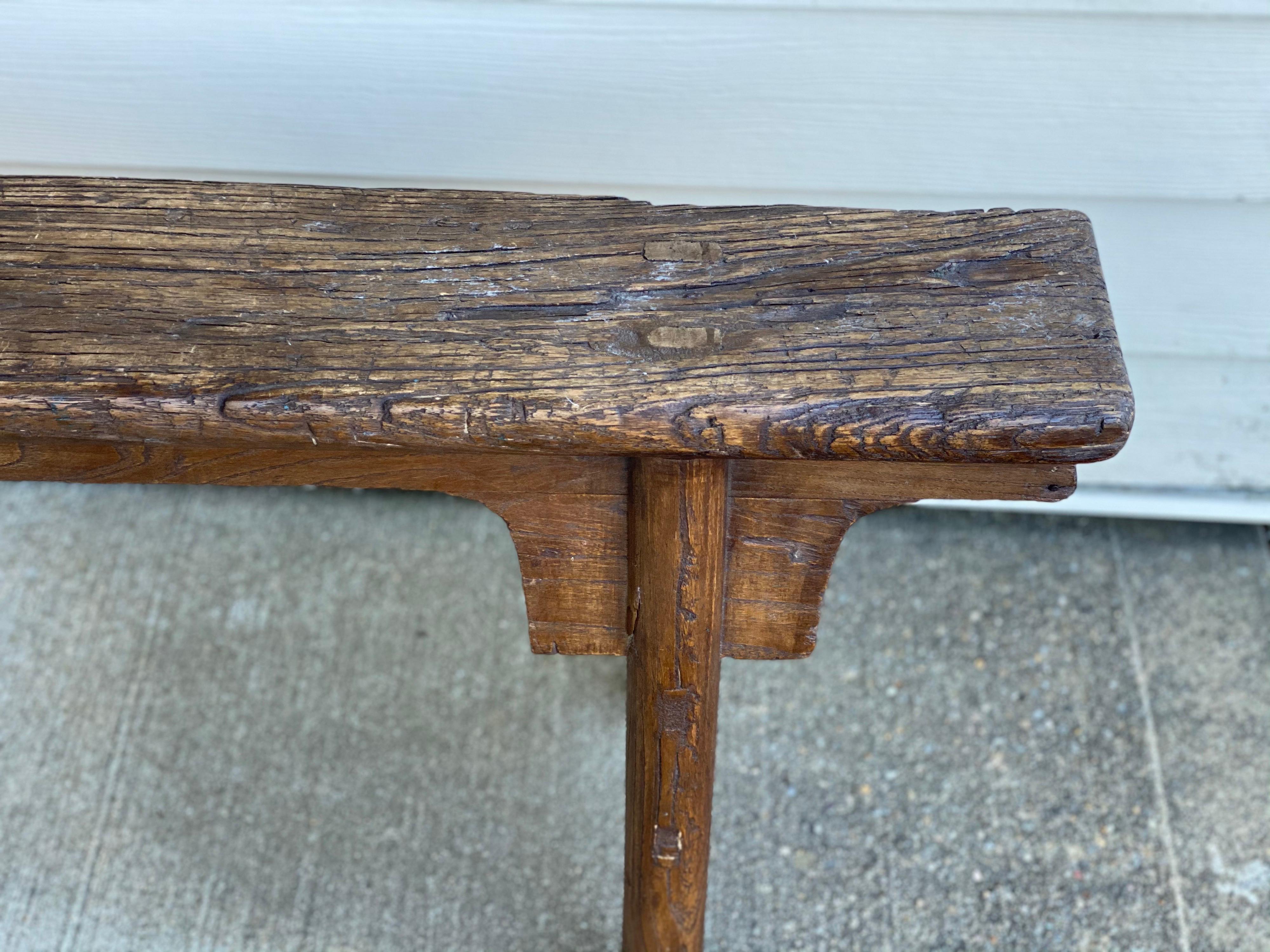 Tall Rustic Chinese Wood Bench In Good Condition In Southampton, NY