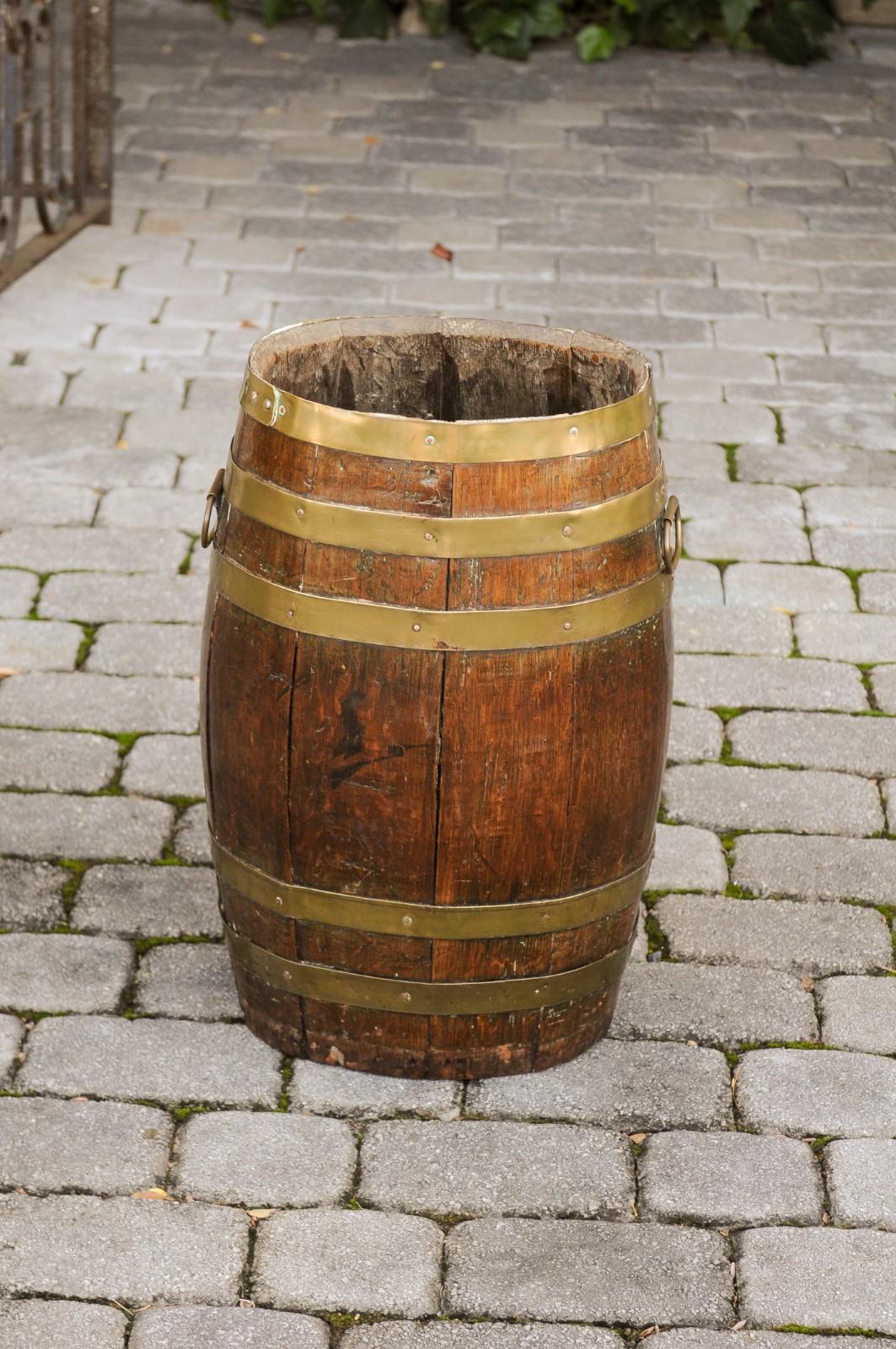 Tall Rustic English Oval Oak Barrel with Brass Braces and Handles, circa 1880 4