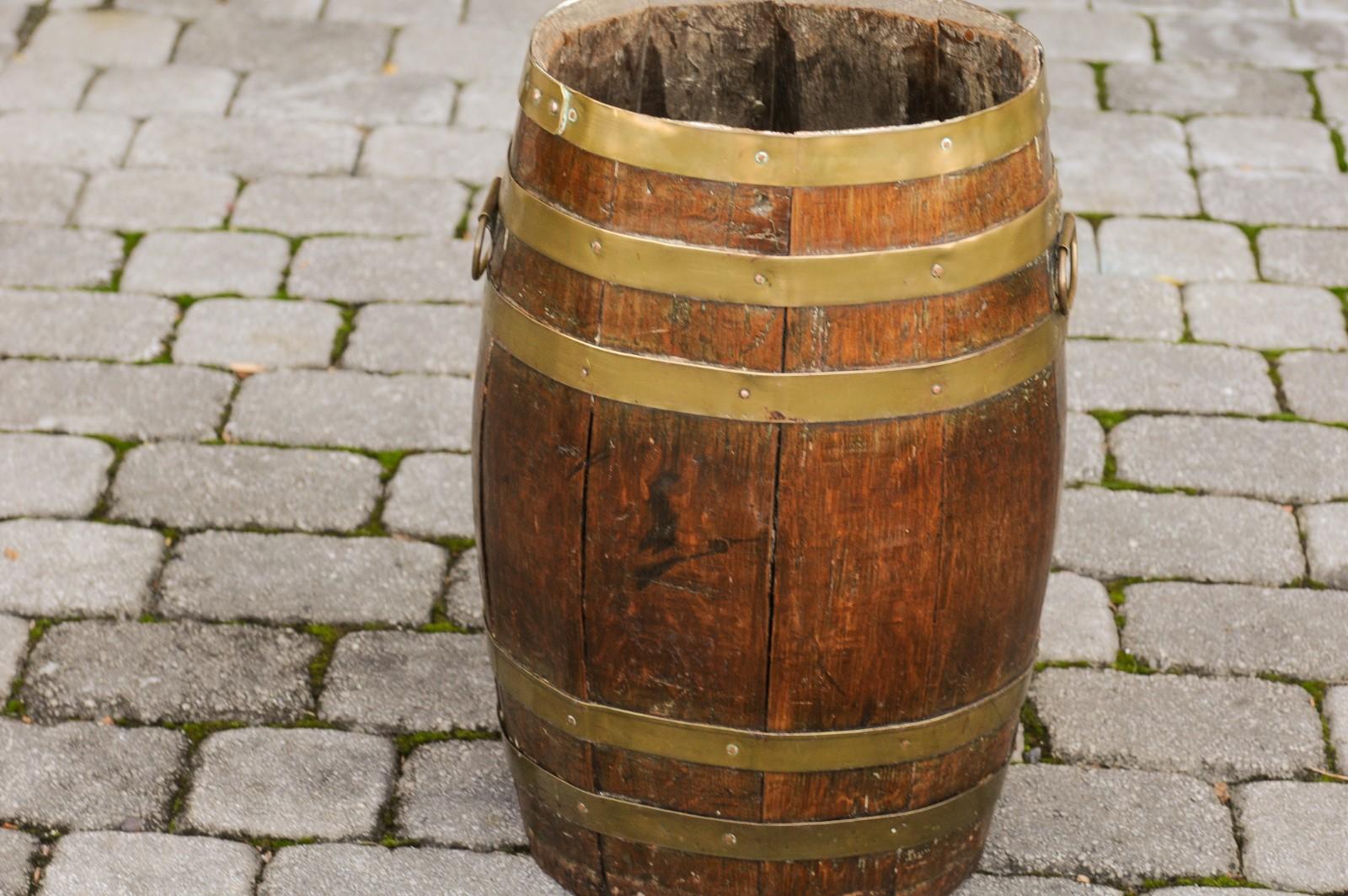 Tall Rustic English Oval Oak Barrel with Brass Braces and Handles, circa 1880 5