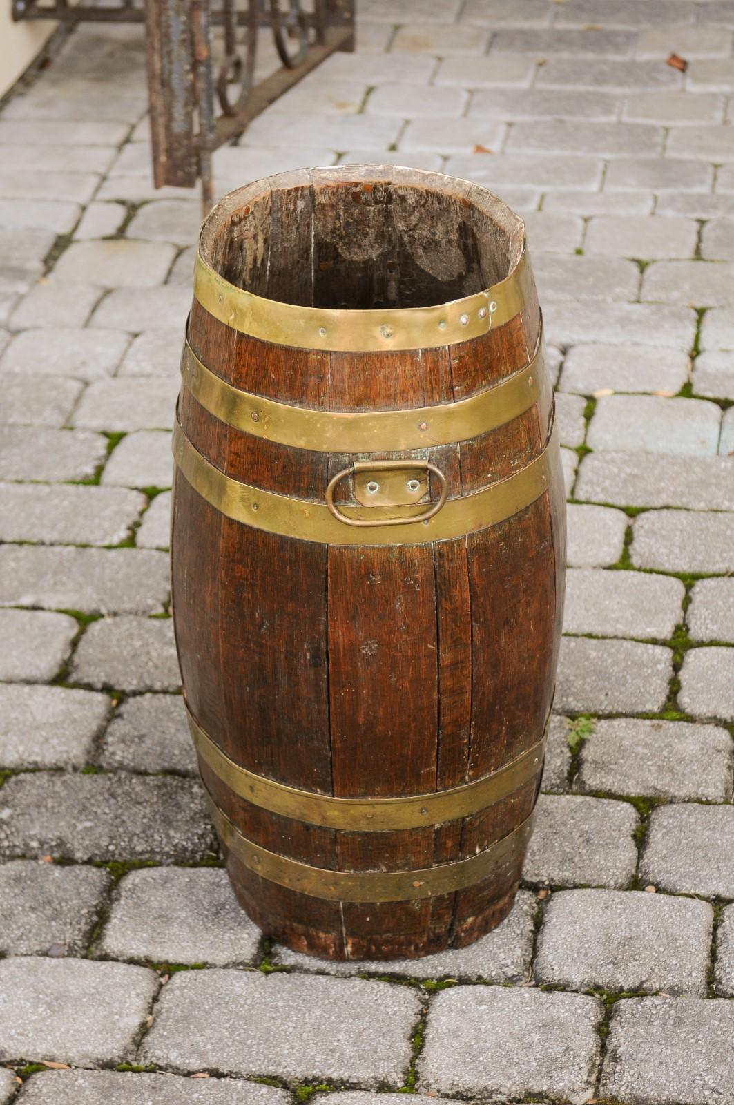 Tall Rustic English Oval Oak Barrel with Brass Braces and Handles, circa 1880 6