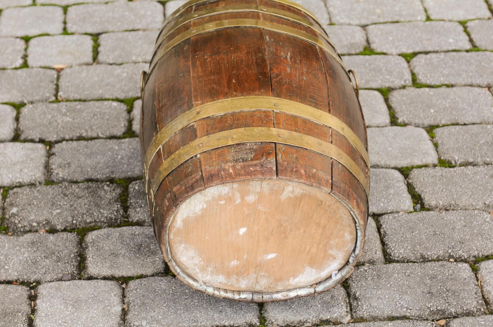 Tall Rustic English Oval Oak Barrel with Brass Braces and Handles, circa 1880 7