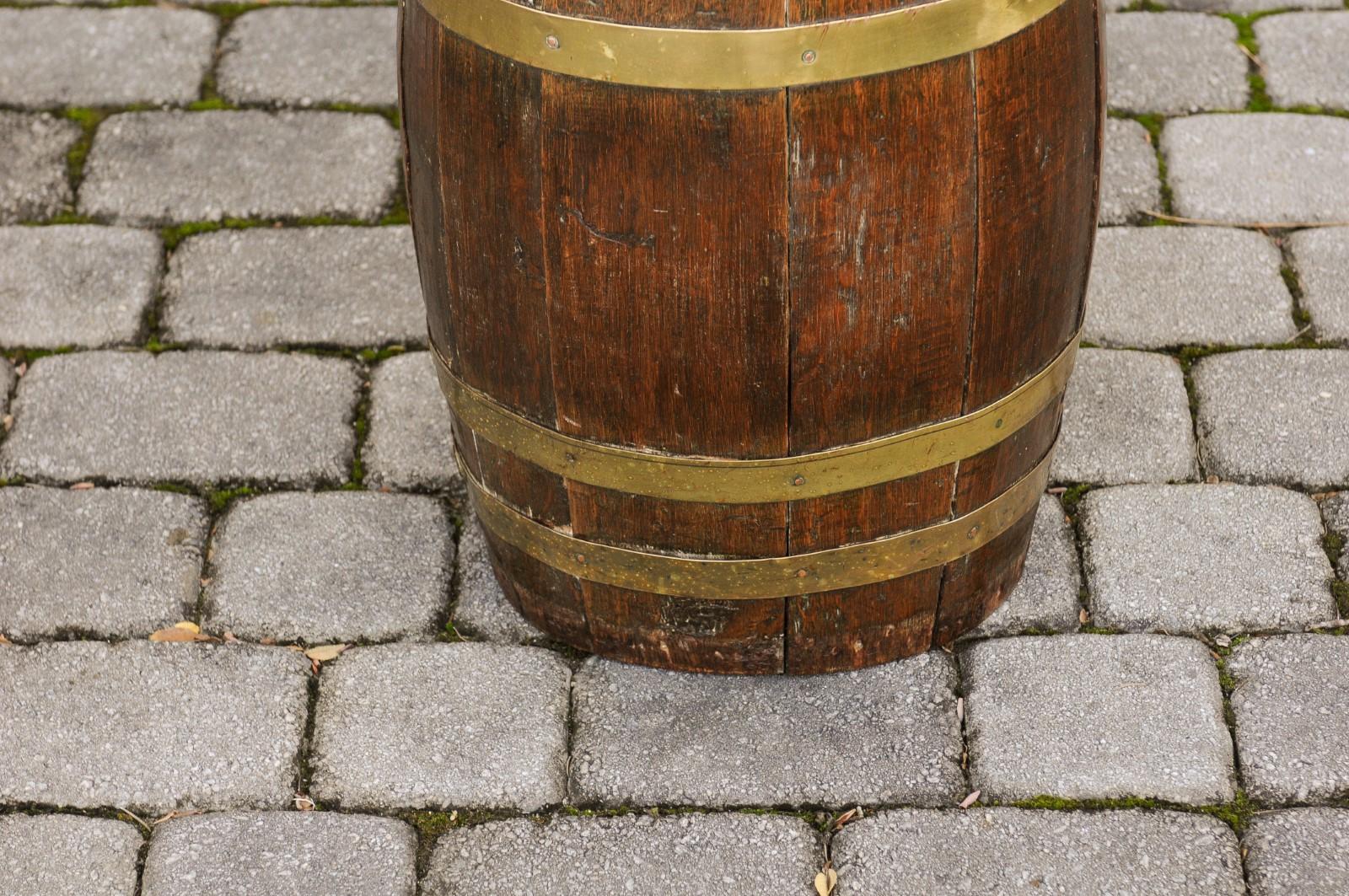 19th Century Tall Rustic English Oval Oak Barrel with Brass Braces and Handles, circa 1880