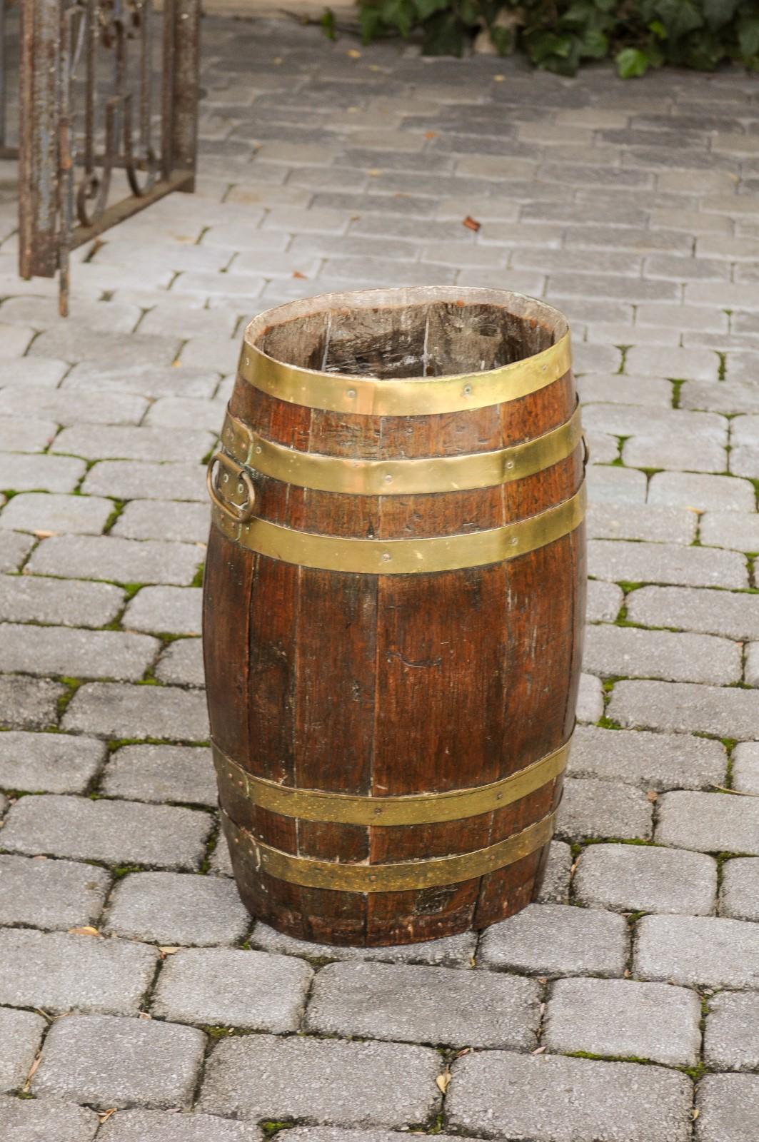 Tall Rustic English Oval Oak Barrel with Brass Braces and Handles, circa 1880 1