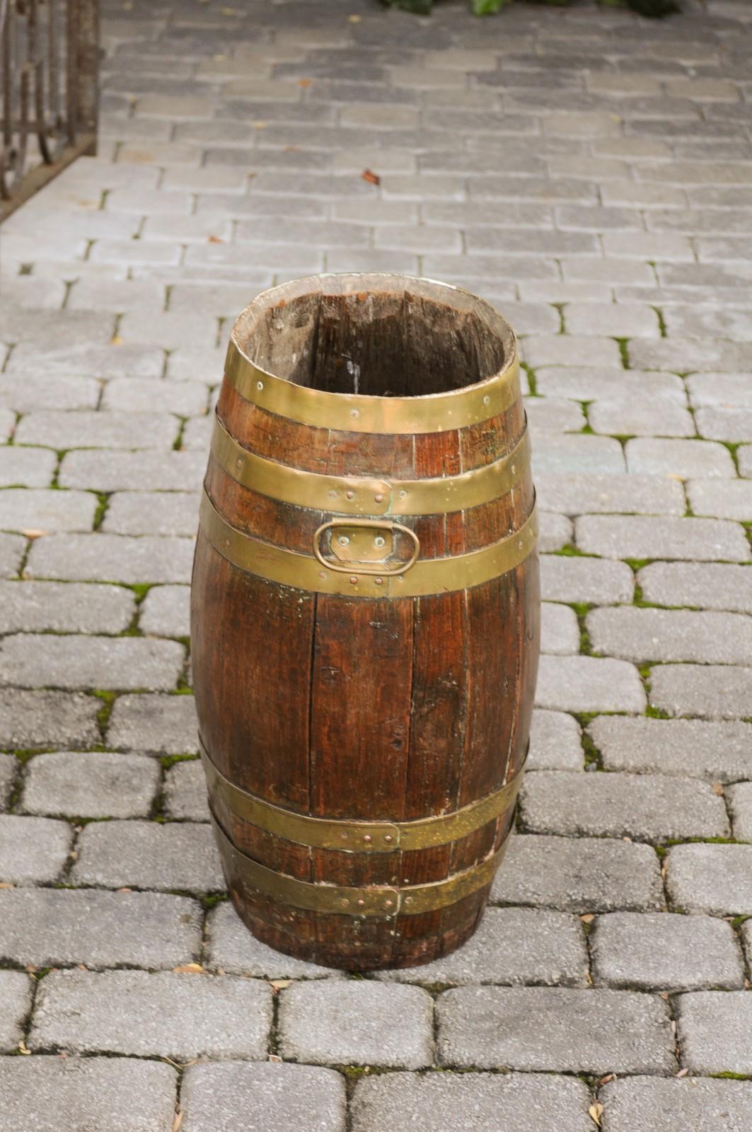 Tall Rustic English Oval Oak Barrel with Brass Braces and Handles, circa 1880 3