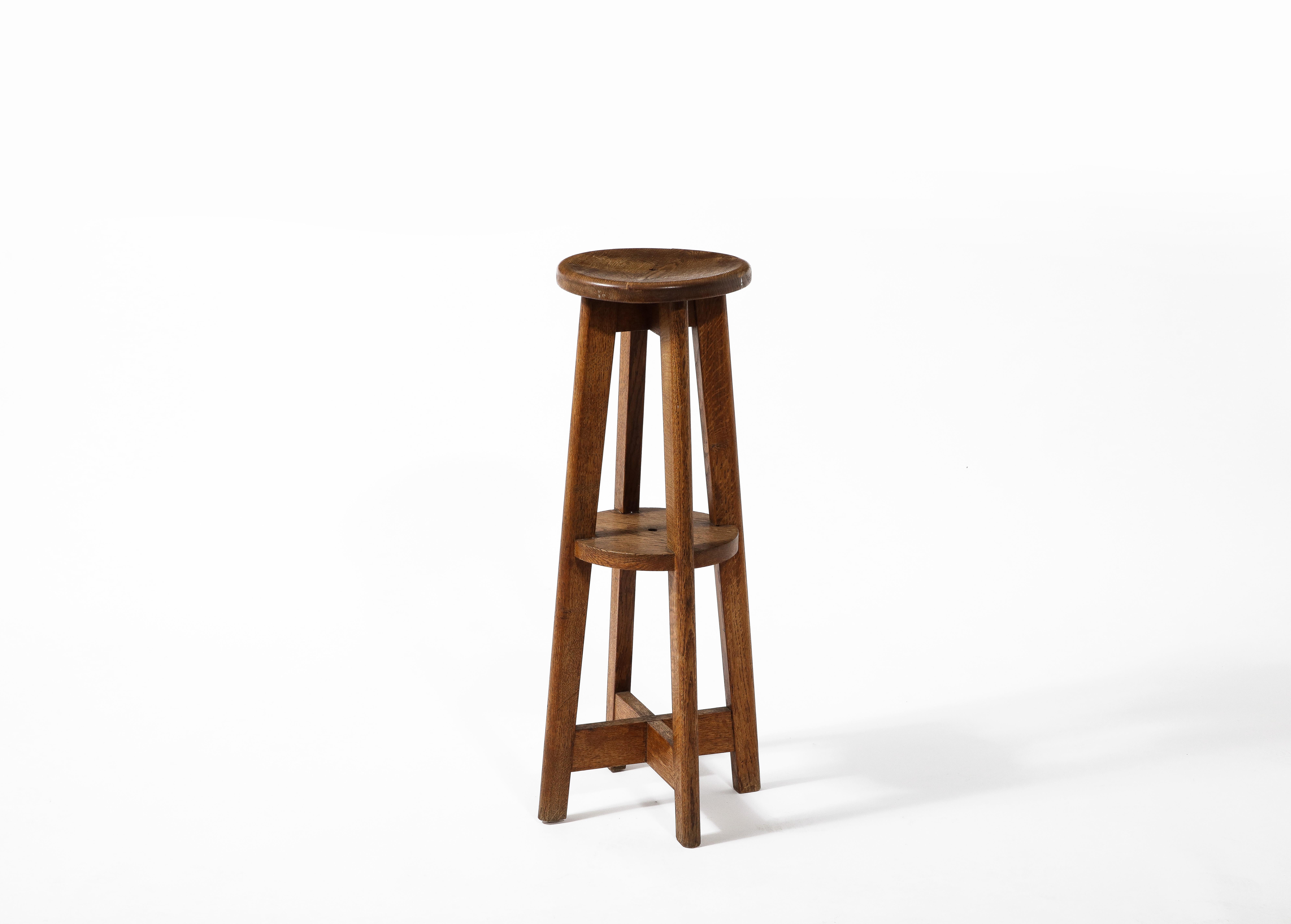 Tall Rustic Farm Stool or Pedestal in Solid Oak, France 1950's For Sale 6
