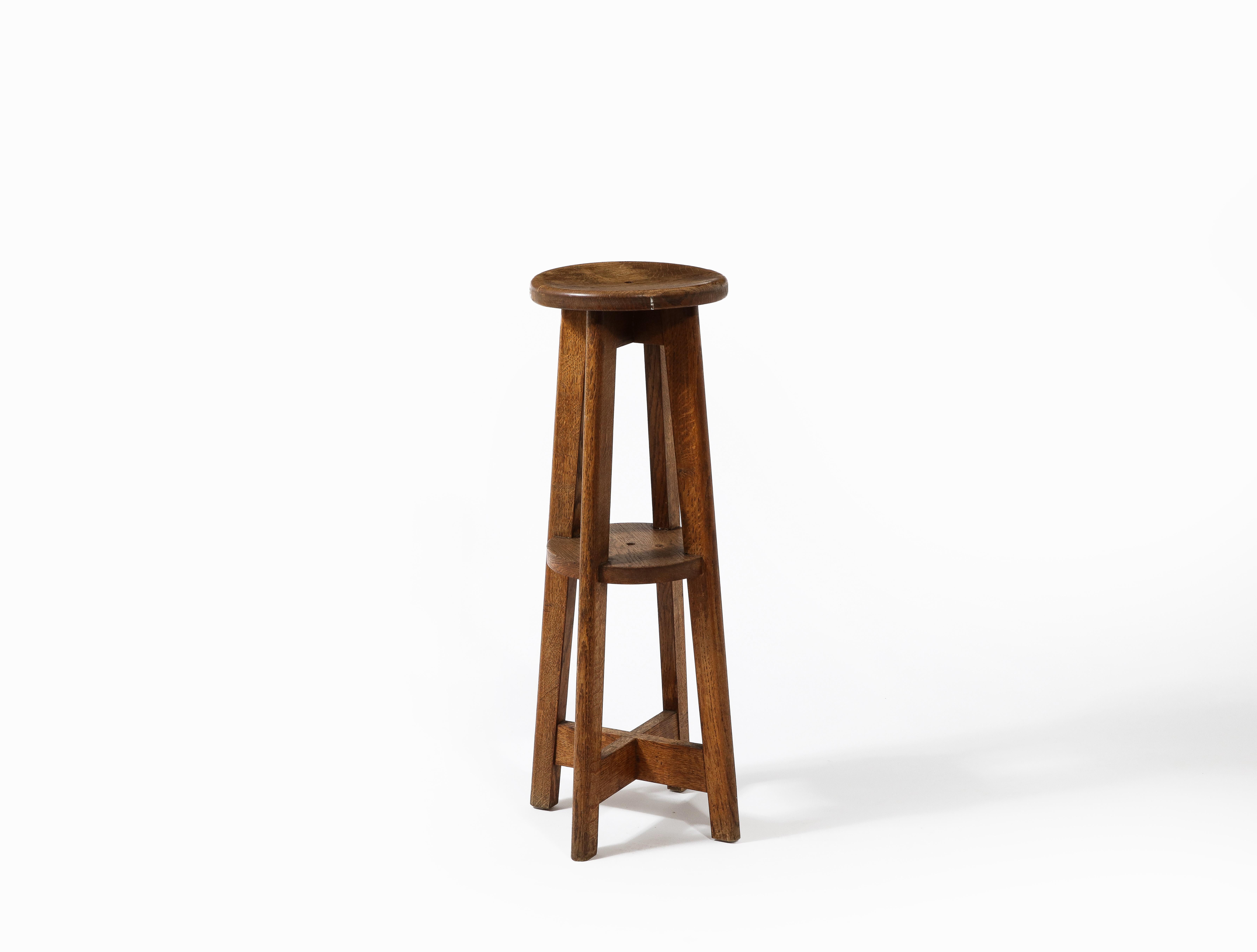 French Tall Rustic Farm Stool or Pedestal in Solid Oak, France 1950's For Sale