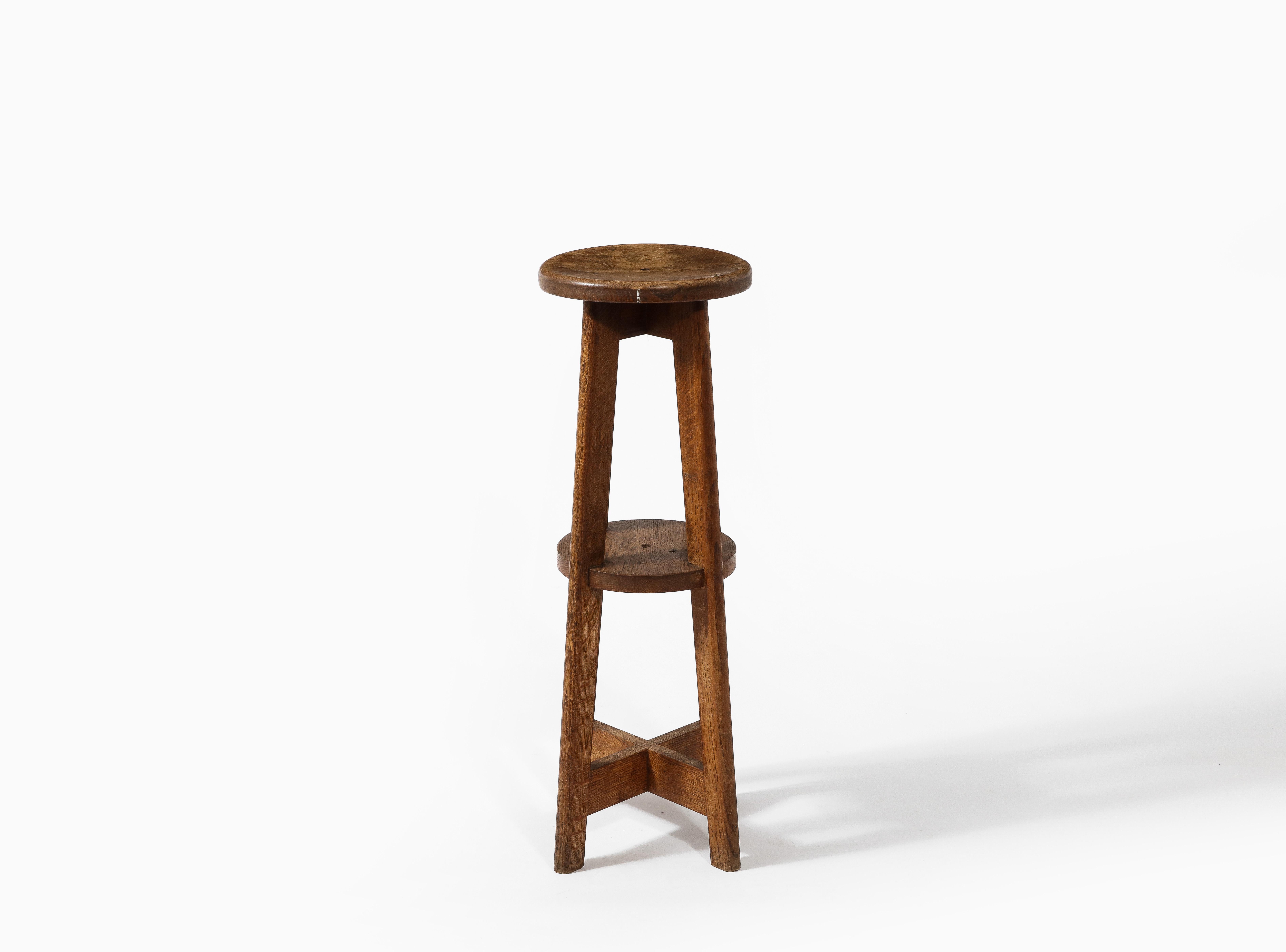 Tall Rustic Farm Stool or Pedestal in Solid Oak, France 1950's For Sale 1