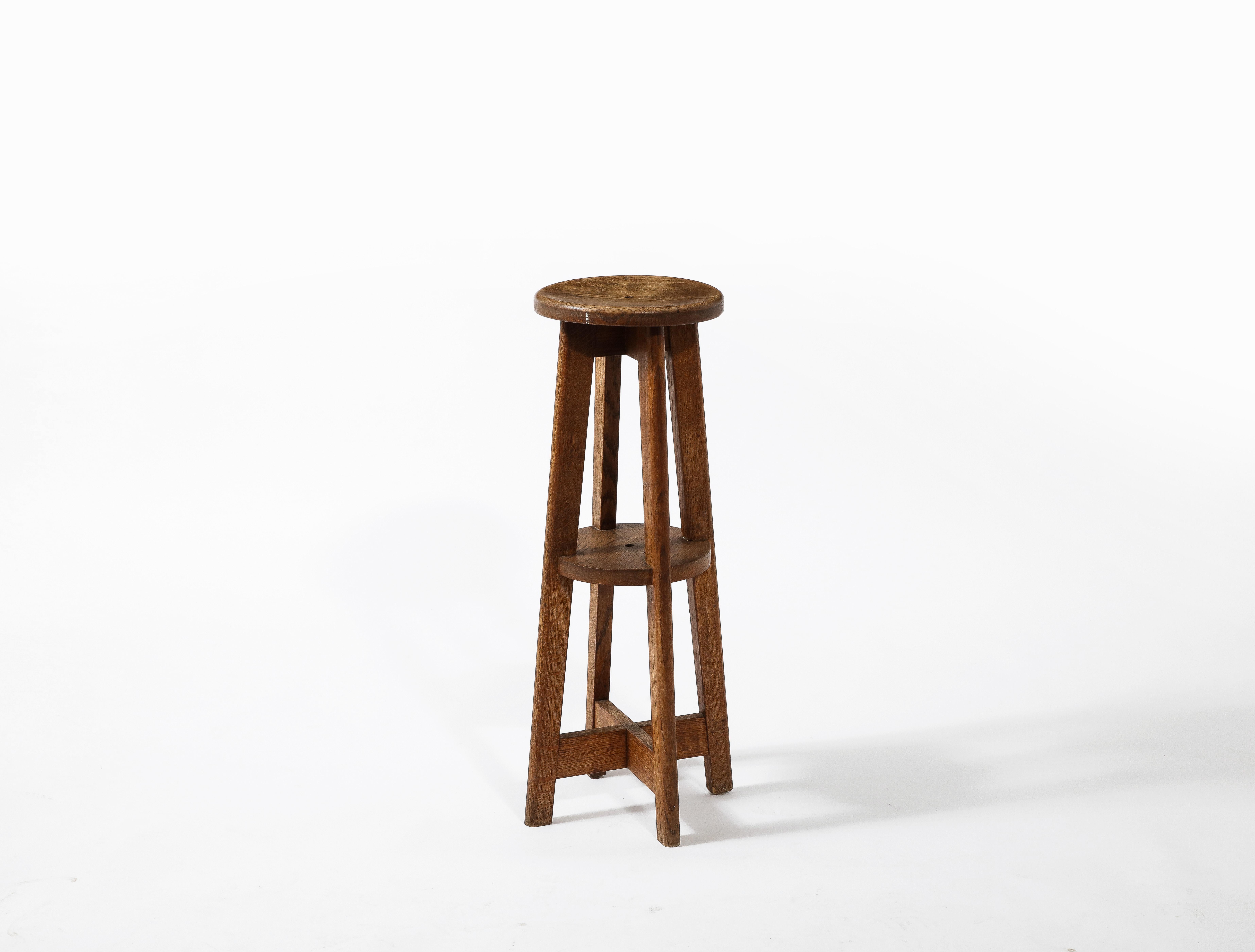 Tall Rustic Farm Stool or Pedestal in Solid Oak, France 1950's For Sale 2