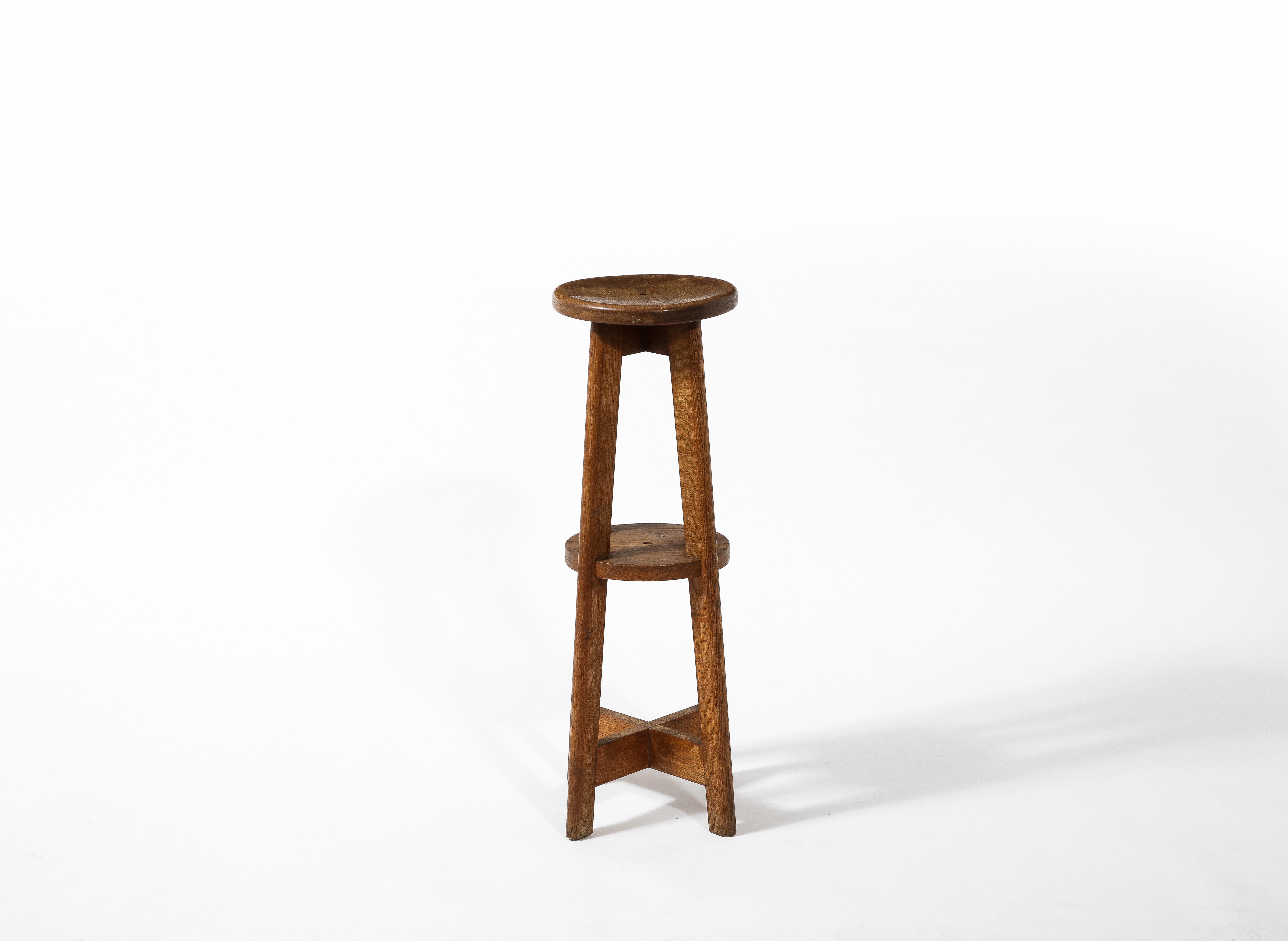 Tall Rustic Farm Stool or Pedestal in Solid Oak, France 1950's For Sale 3