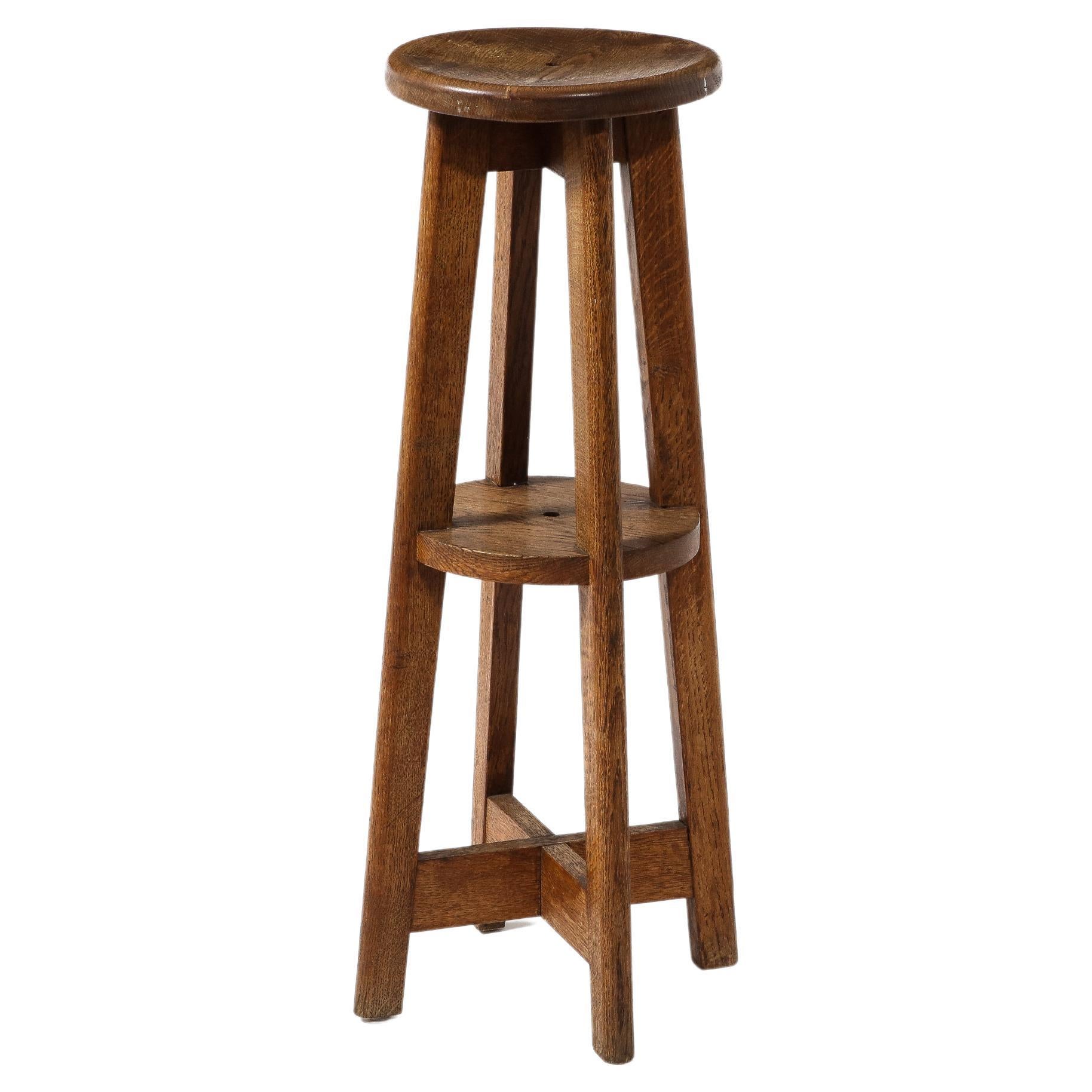 Tall Rustic Farm Stool or Pedestal in Solid Oak, France 1950's For Sale