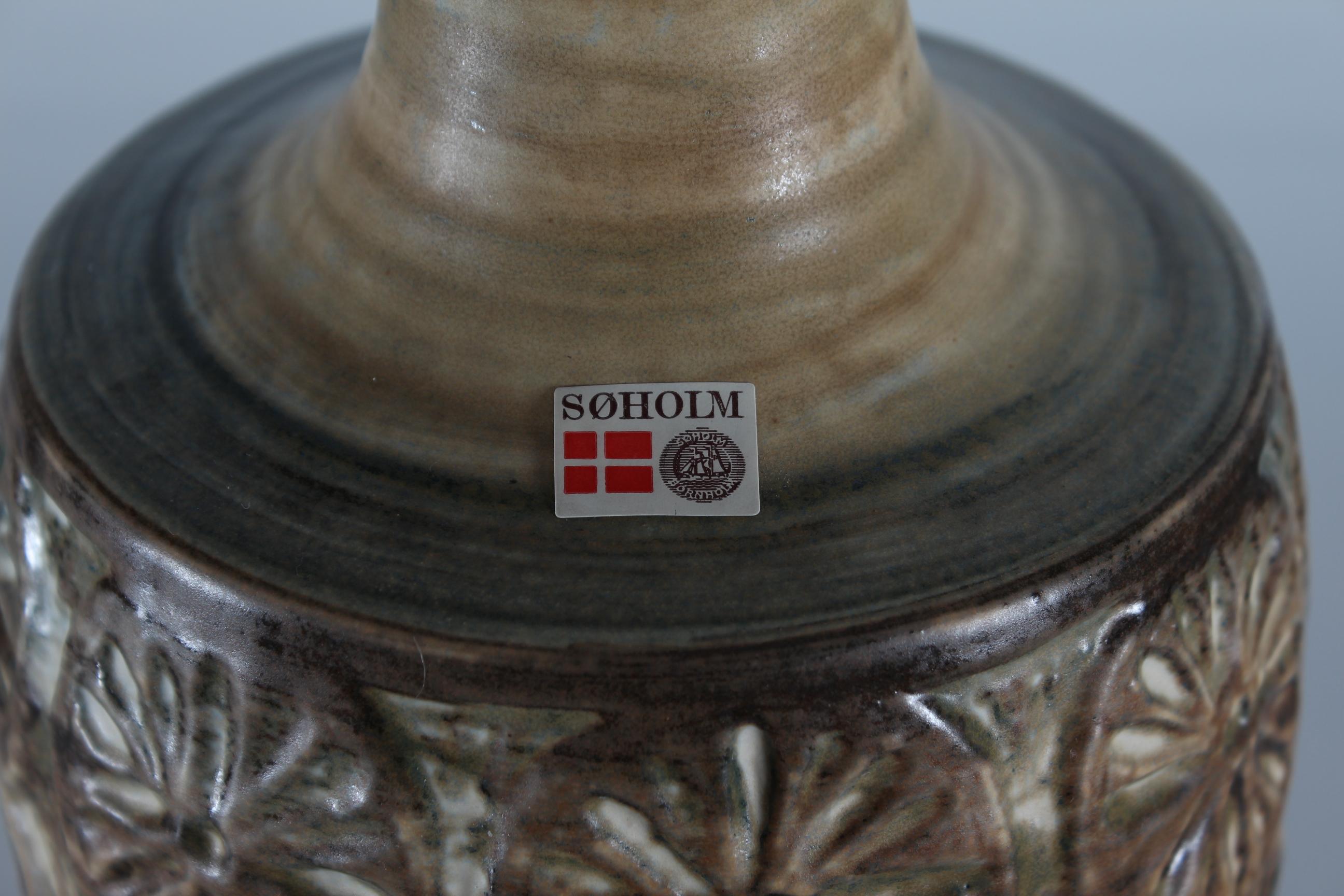 Mid-20th Century Tall Rustic Søholm Stoneware Table Lamp with Flower Motive 1960s Denmark For Sale