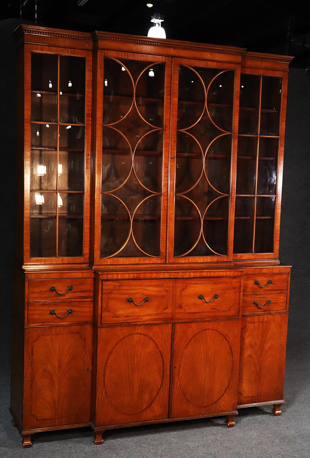 Georgian Satinwood English Regency Style Baker Breakfront Bookcase with Desk