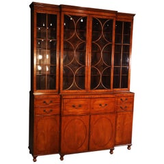 Satinwood English Regency Style Baker Breakfront Bookcase with Desk