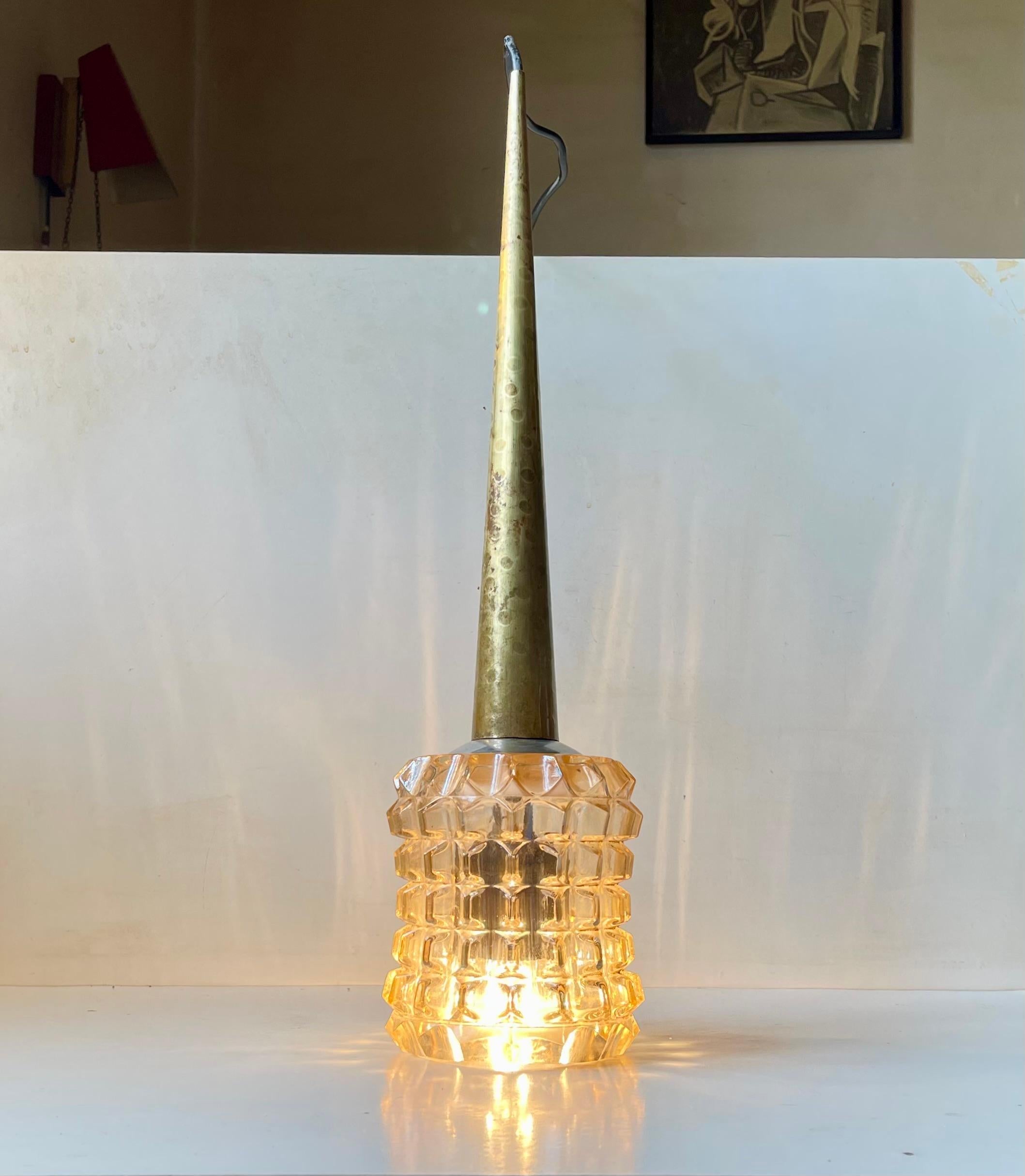 Scandinavian Modern Tall Scandinavian Hanging Light in Grenade Glass & Brass, 1960s For Sale