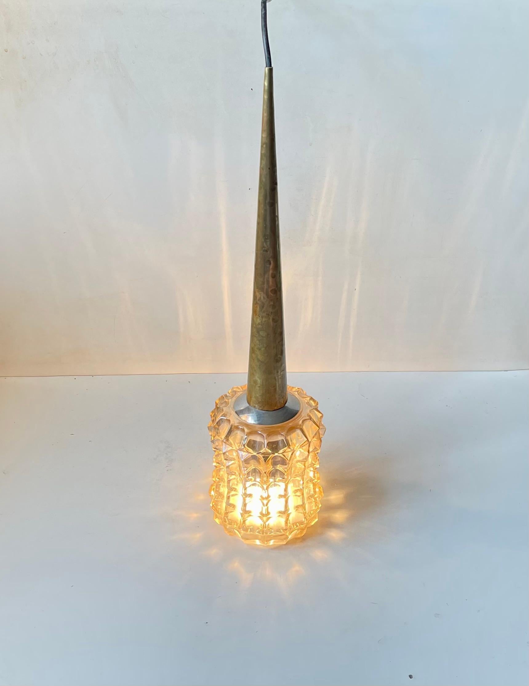 Mid-20th Century Tall Scandinavian Hanging Light in Grenade Glass & Brass, 1960s For Sale