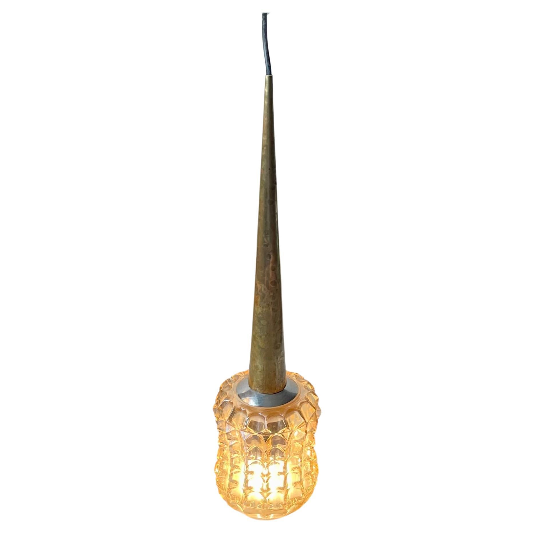 Tall Scandinavian Hanging Light in Grenade Glass & Brass, 1960s