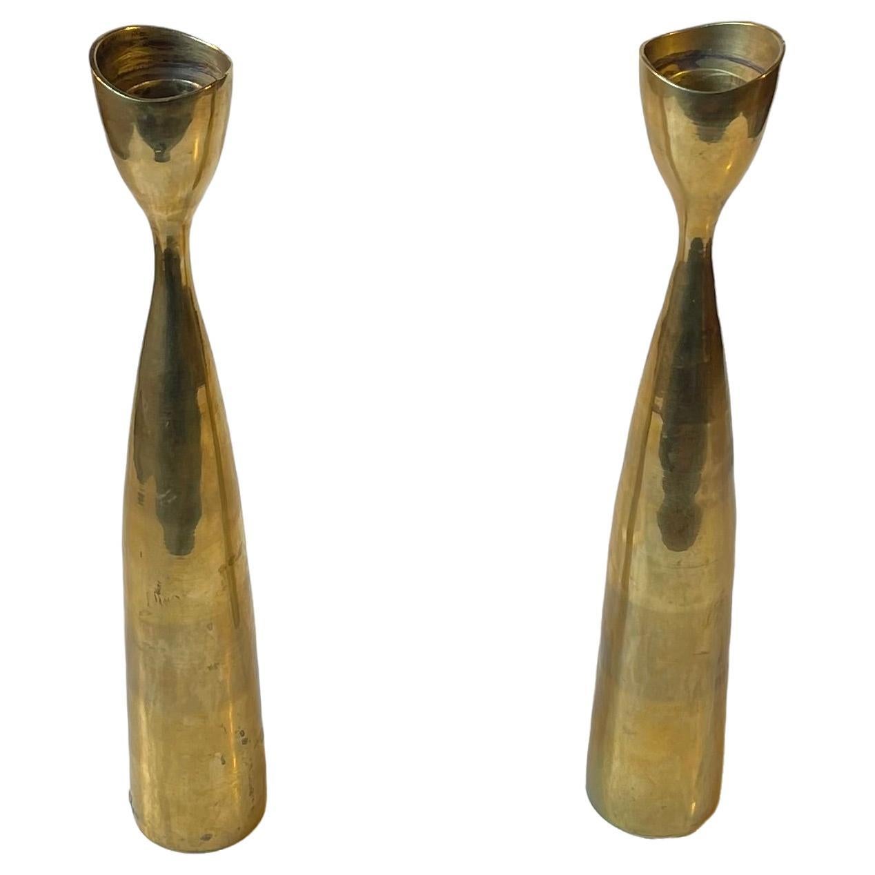 Tall Scandinavian Modern Tulip Candlesticks in Brass For Sale