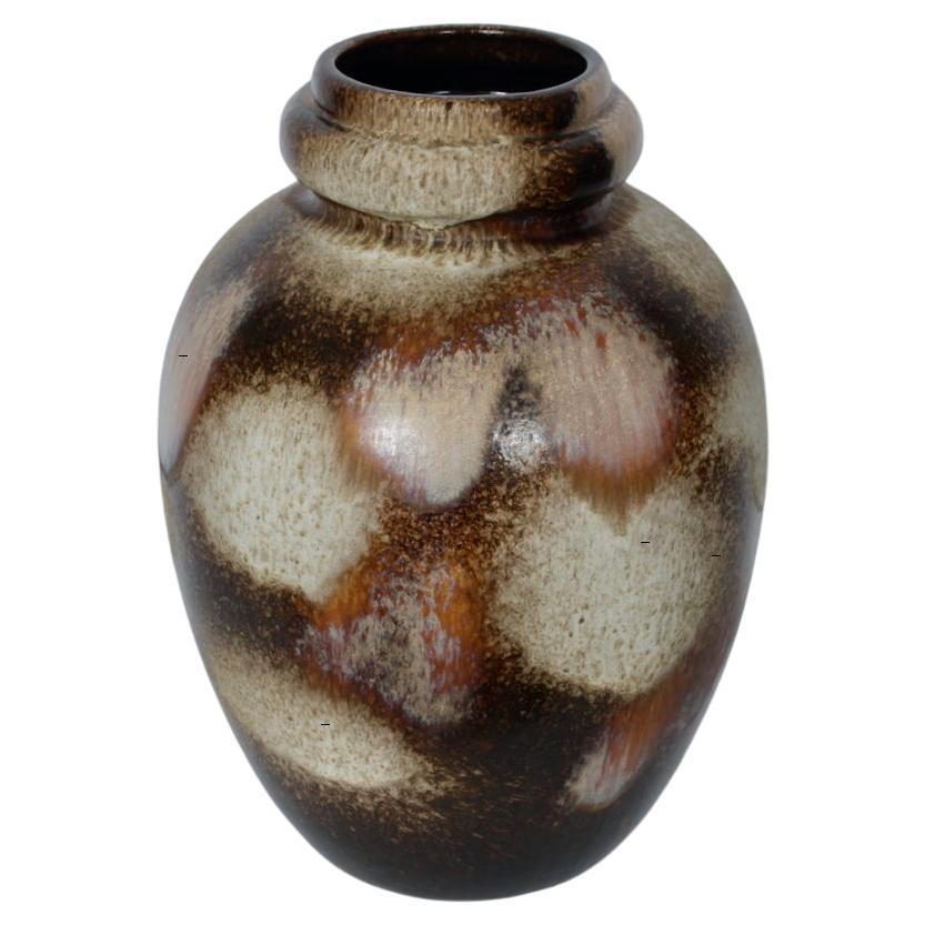 West German Scheurich Keramik Terraceous Glazed Fat Lava Vase, 1970s.  Featuring a hand crafted, wide, balanced ceramic pottery vase form, smooth reflective Creamy White fat lava organic pods against Cocoa Brown with Beige, Rust speckling and