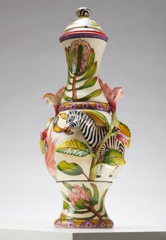 Tall Sculpted Zebra Lidded Vase: African Fauna and Flora Collection