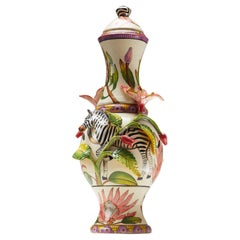 Tall Sculpted Zebra Lidded Vase: African Fauna and Flora Collection