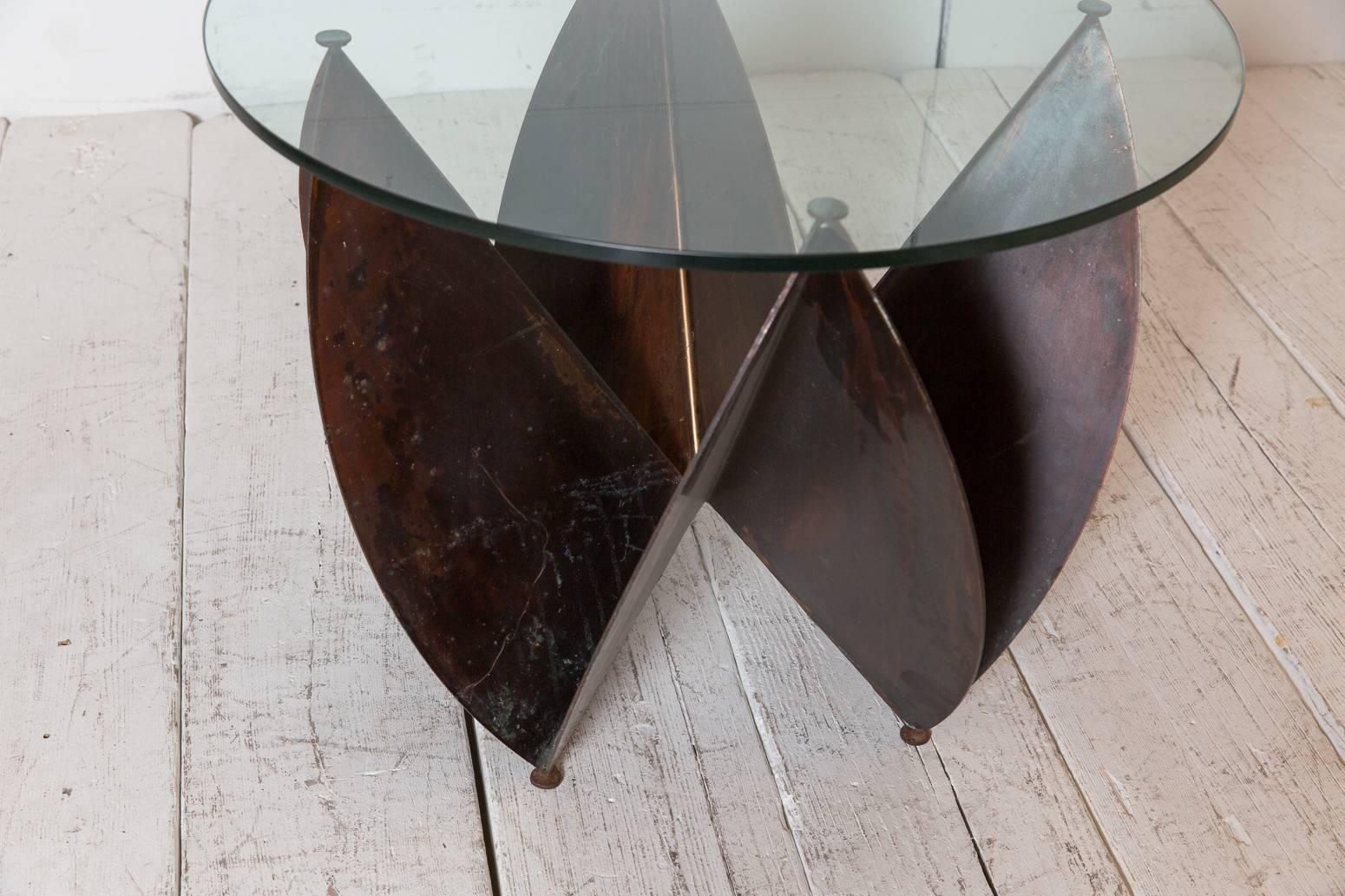 Tall Sculptural Copper Side Table with Round Glass Top In Excellent Condition In Los Angeles, CA