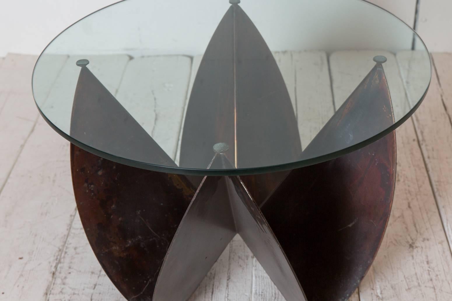 Late 20th Century Tall Sculptural Copper Side Table with Round Glass Top