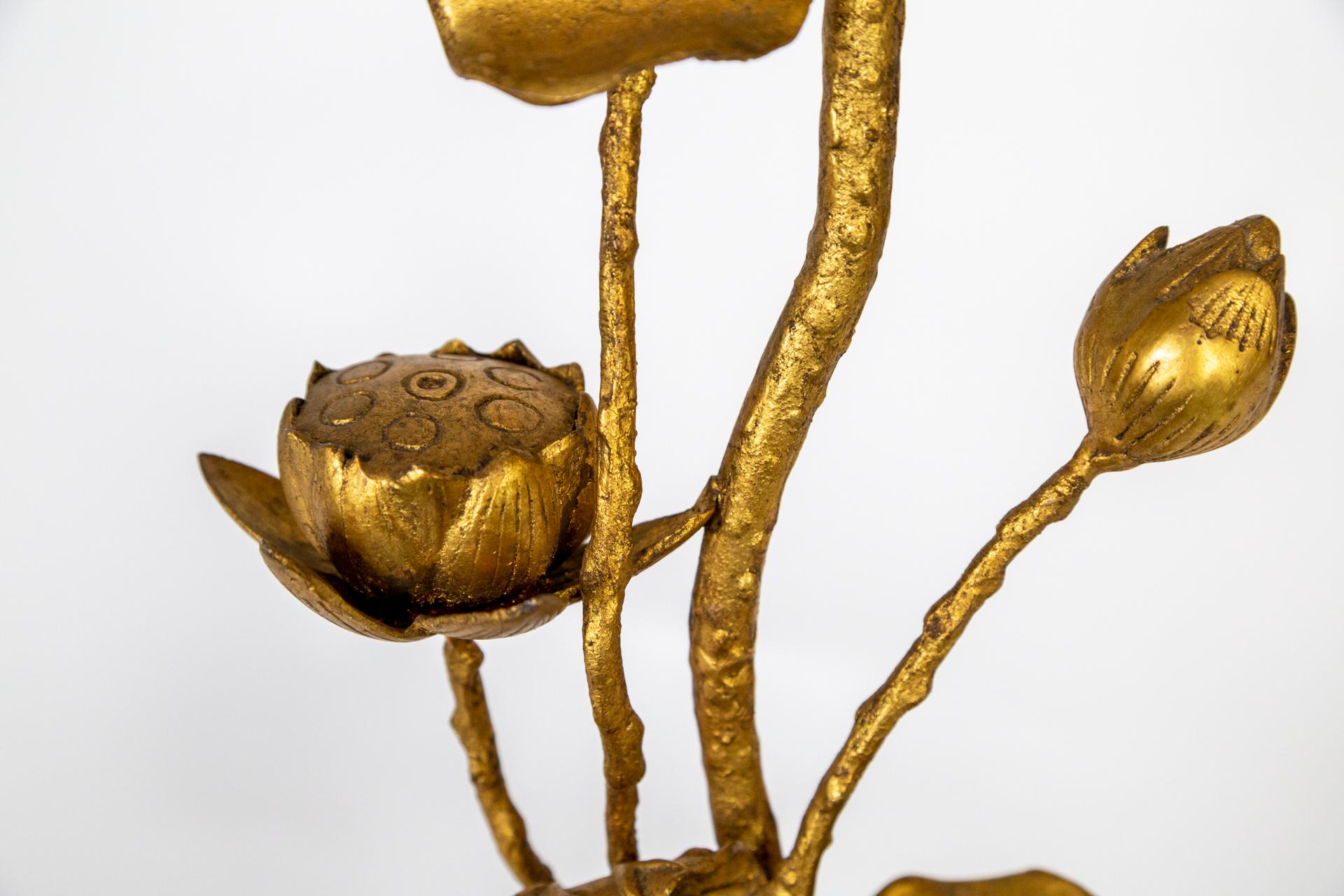 A gorgeous, sculptural lamp featuring substantial stems with buds, leaves and blooms on an Art Nouveau-esque bellflower. Whimsical and elegant. Significant in size and made of gilded bronze in the mid 20th century. Newly wired with a dimmer socket.
