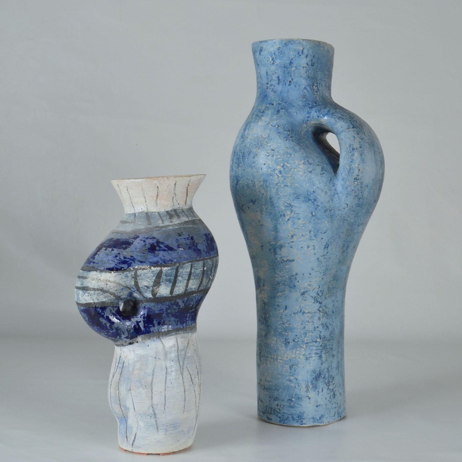 Mid-Century Modern Tall Sculptural Vases in Blue by Schalling, Netherlands For Sale