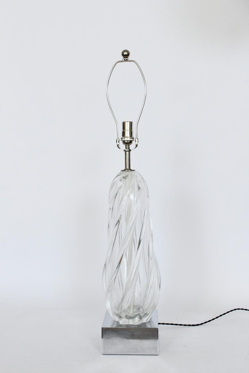 Hollywood Regency Substantial Seguso Clear Murano Glass Swirl Table Lamp on Square Chrome Base For Sale