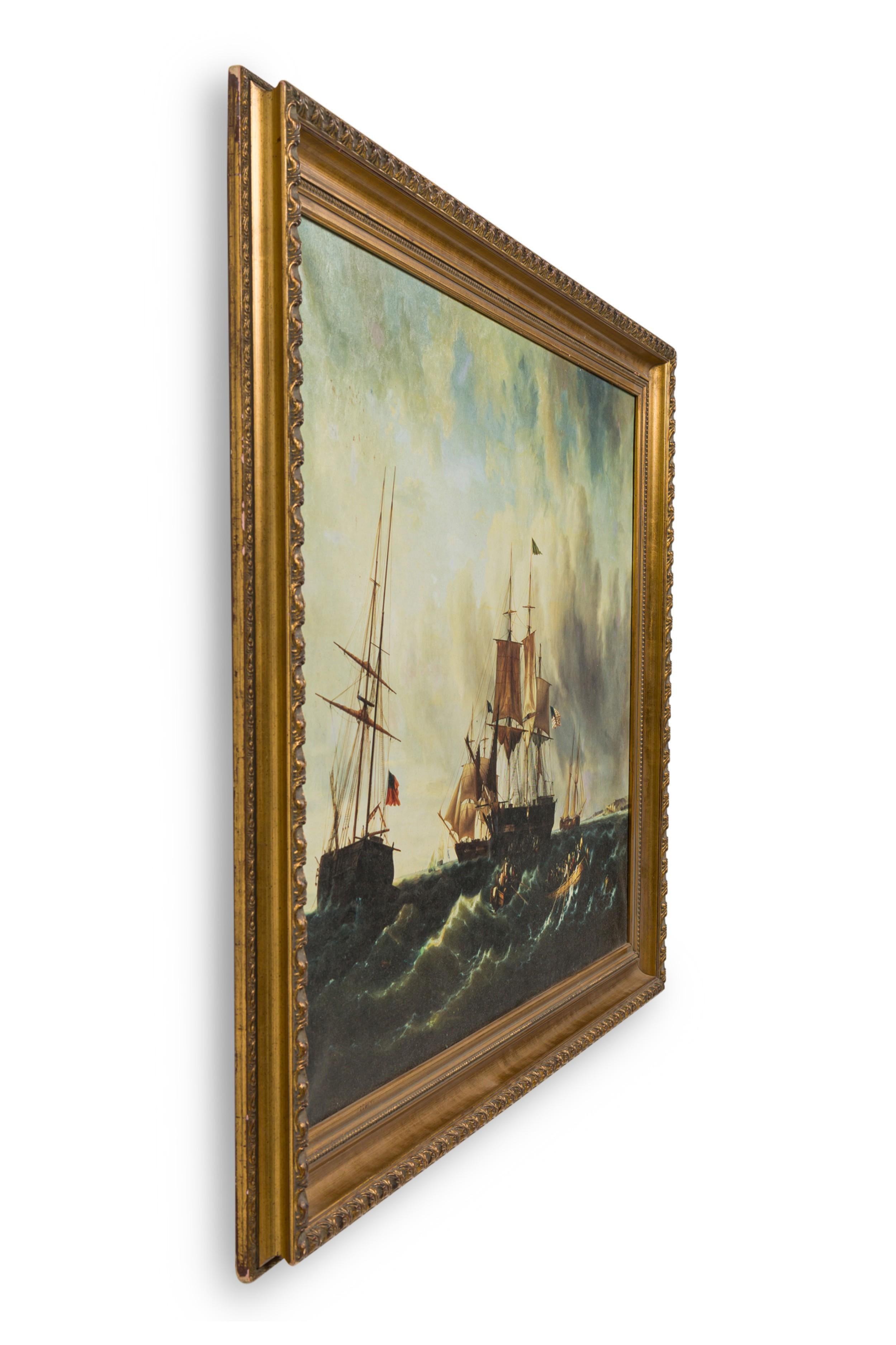Copy of a seascape painting showing two tall ships under American flag with crew in rowboats taking leave

Condition: Good; Wear consistent with age and use