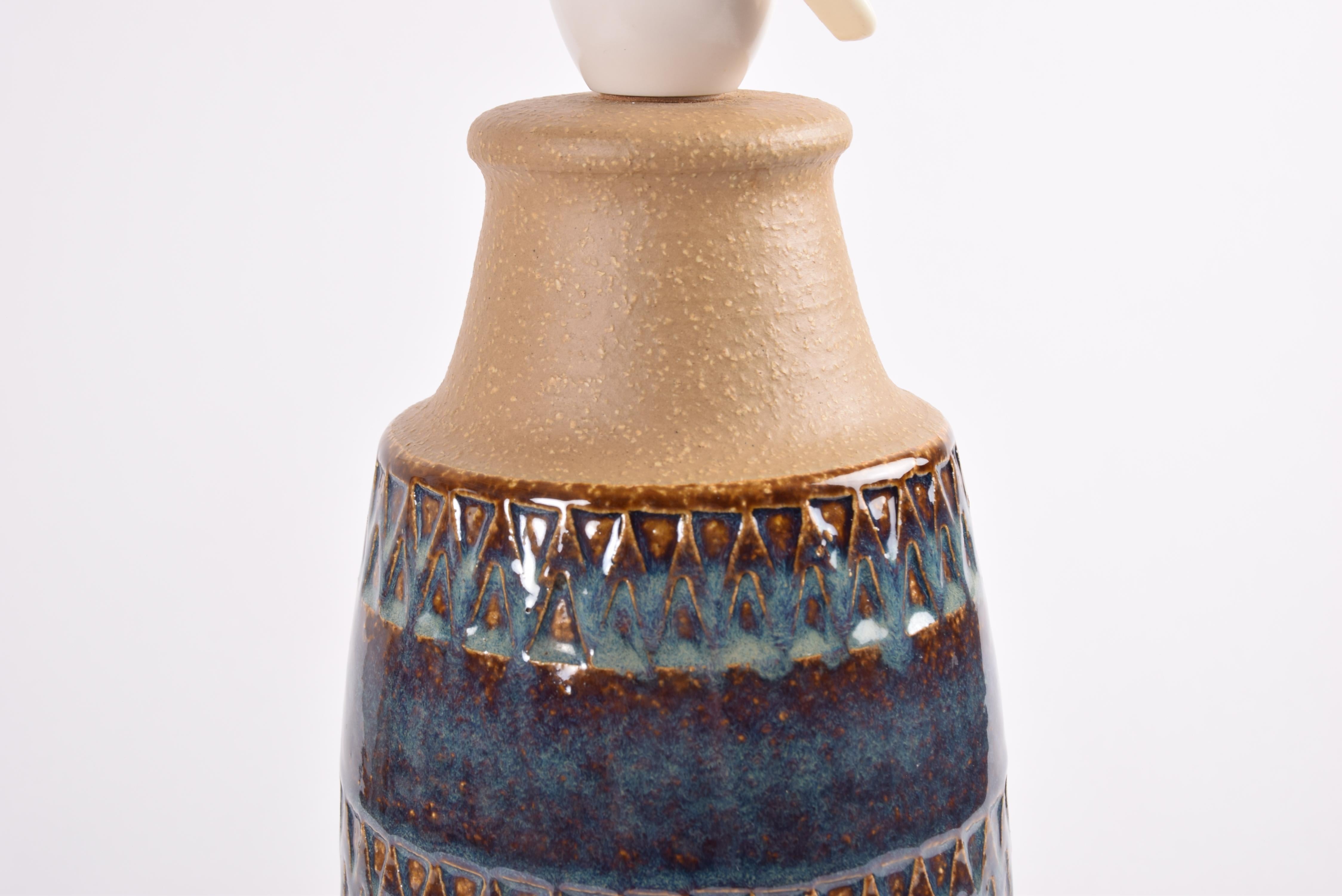 Ceramic Tall Søholm Table Lamp Blue Brown Stripes & Zig Zag Decor, Danish Modern 1960s For Sale