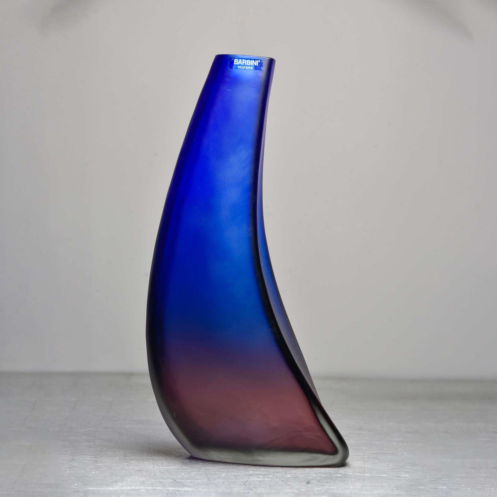 Tall Signed Barbini Blue to Amethyst Ombre Murano Glass Vase In Excellent Condition In Troy, MI
